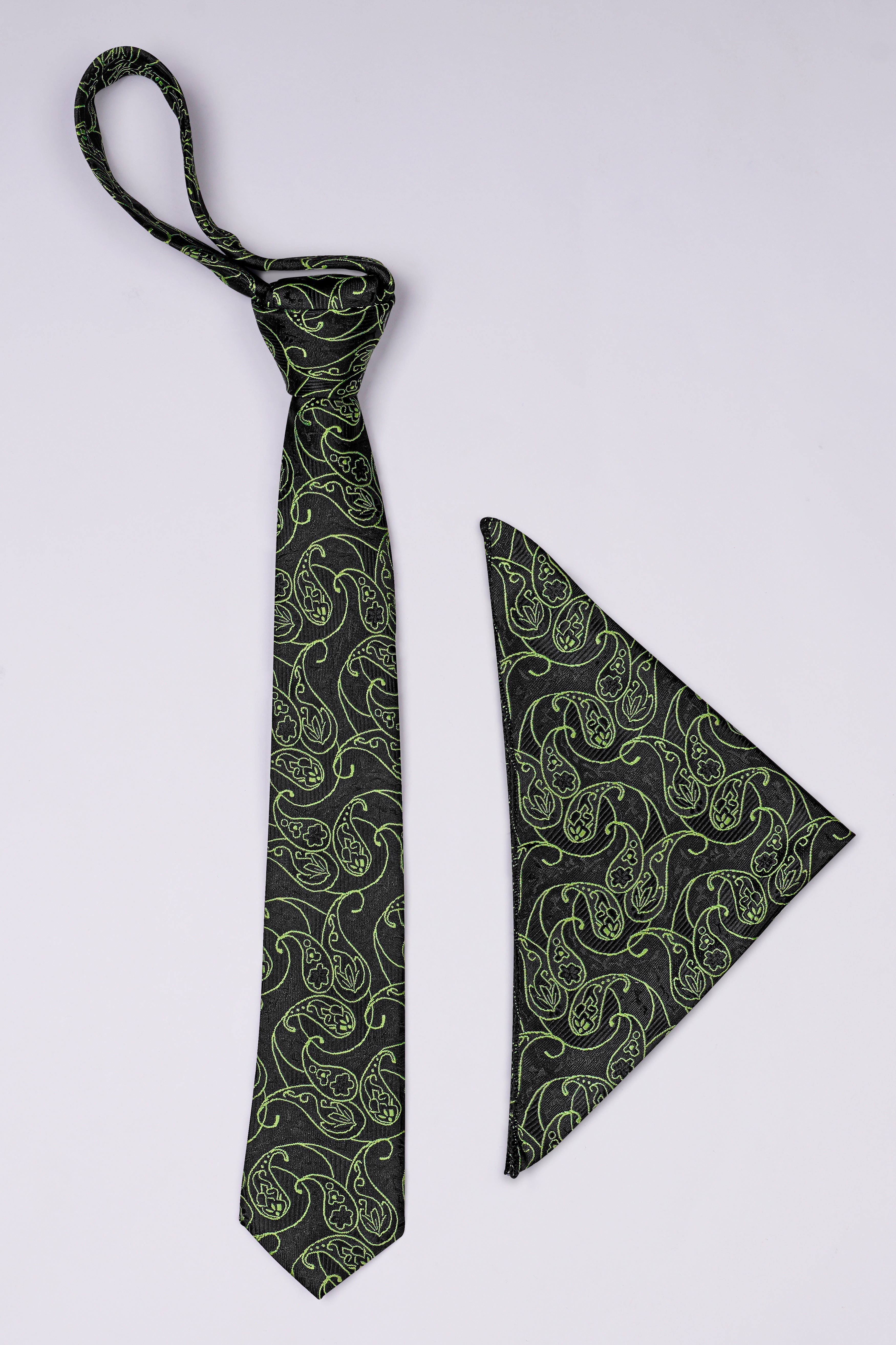 Jade Black with Olivine Green Paisley Jacquard Tie with Pocket Square TP067