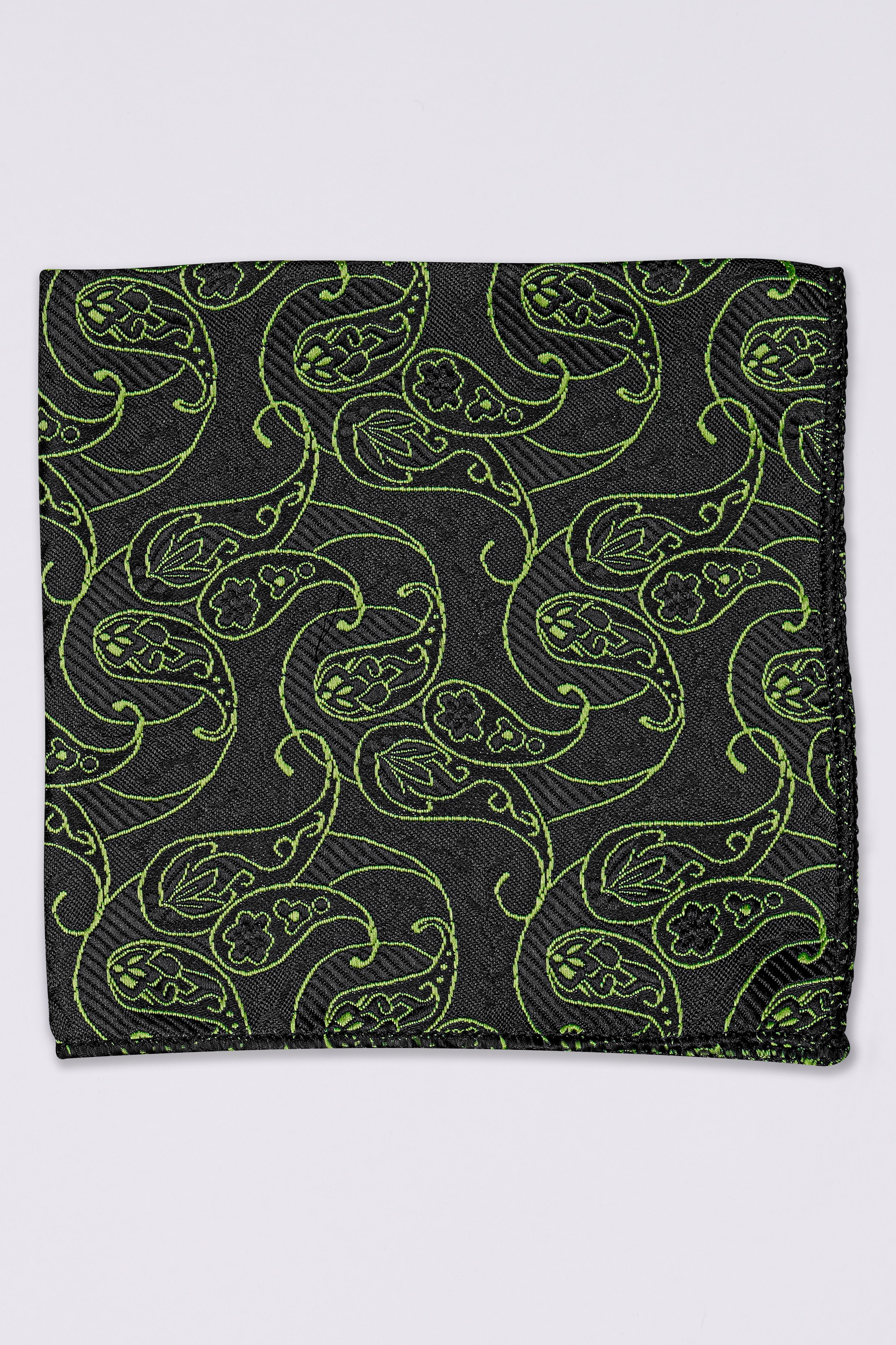 Jade Black with Olivine Green Paisley Jacquard Tie with Pocket Square TP067