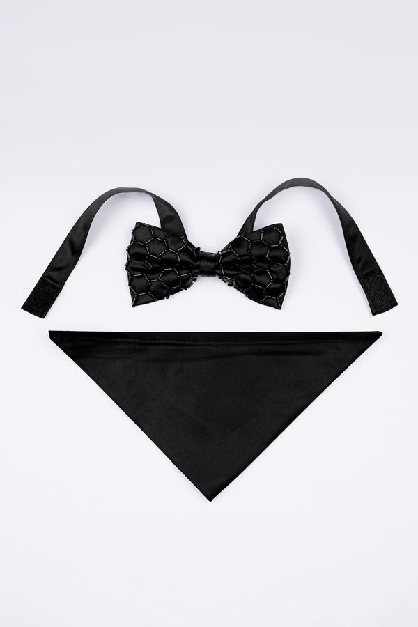 Jade Black Artisanal Aari Embroidered Bow-tie with Pocket Square TP071