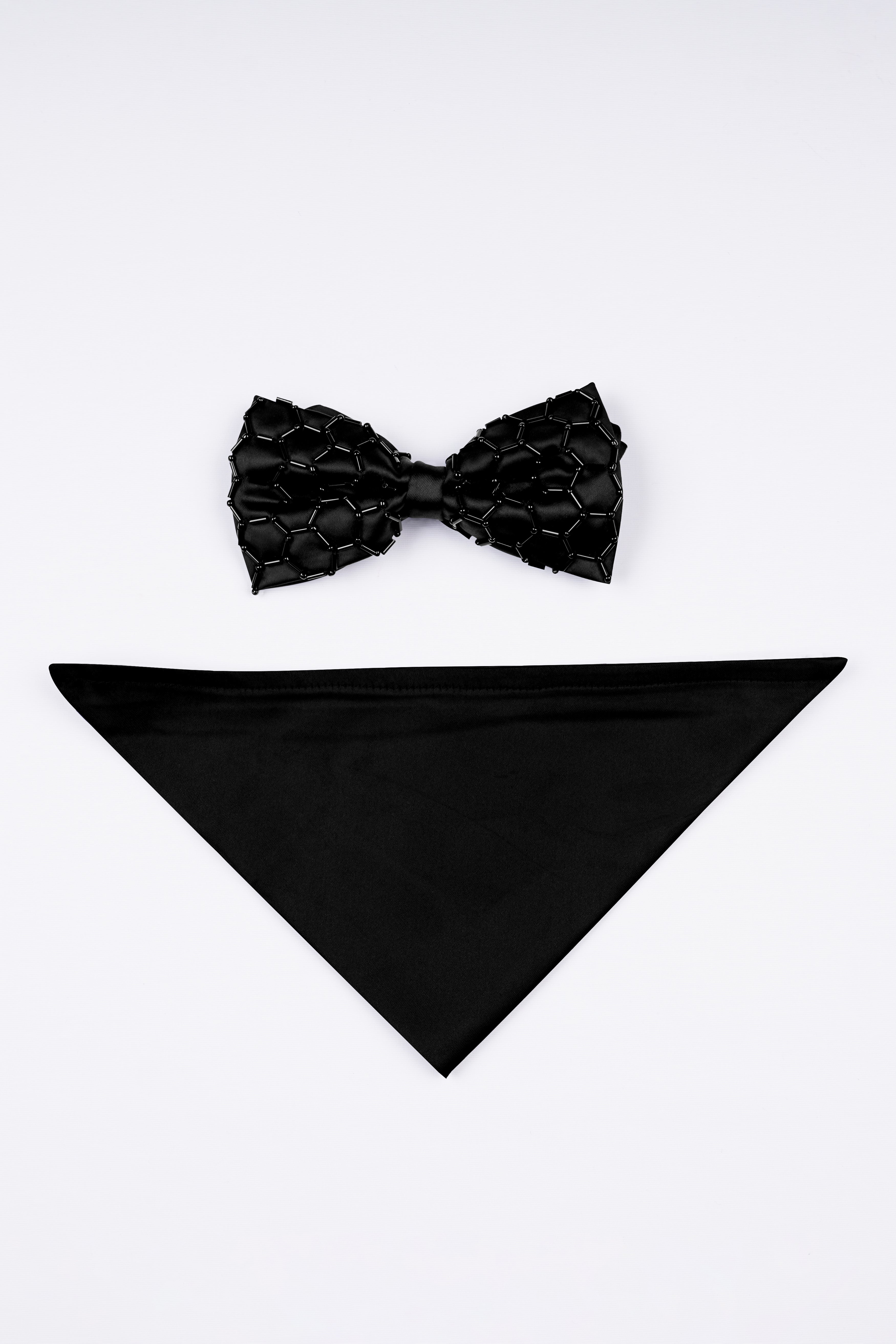 Jade Black Artisanal Aari Embroidered Bow-tie with Pocket Square TP071