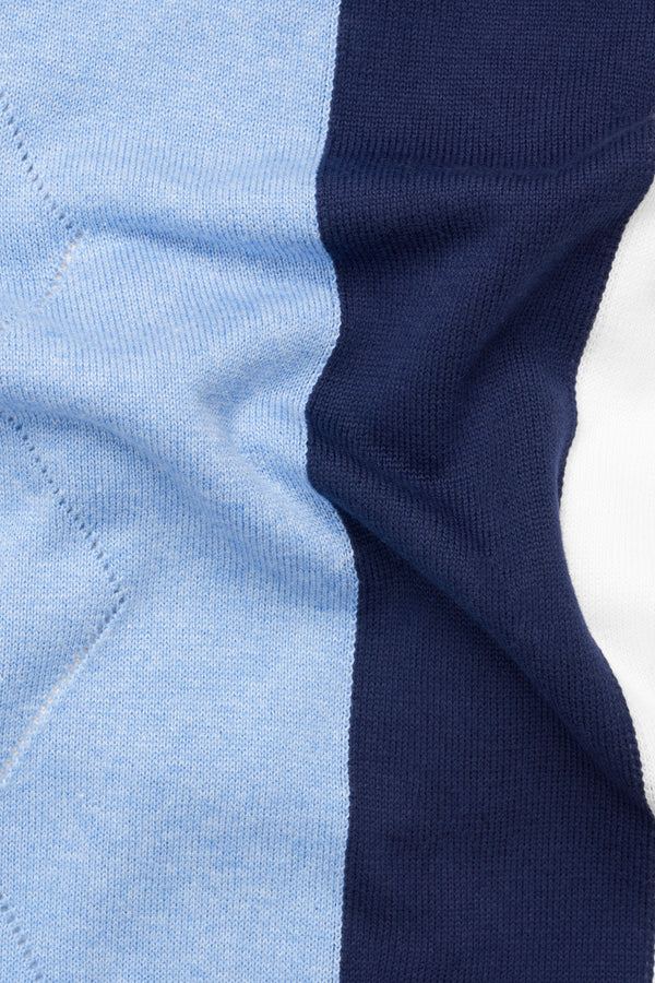 Perano Blue with Haiti Blue and White Premium Cotton Flat Knit Polo