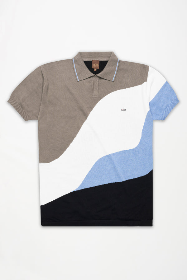 Beaver Brown with White and Glacier Blue Premium Cotton Flat Knit Polo
