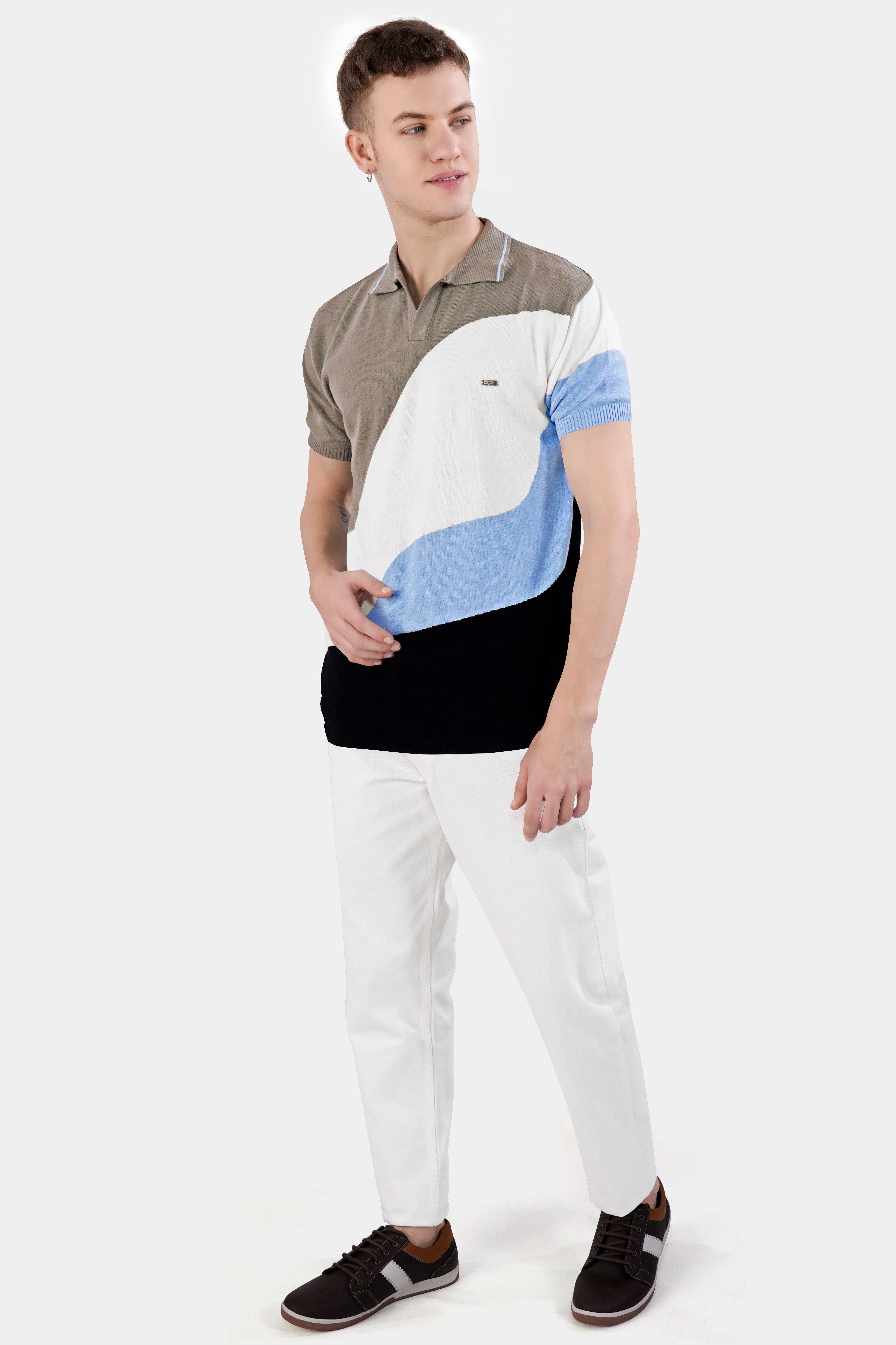 Beaver Brown with White and Glacier Blue Premium Cotton Flat Knit Polo