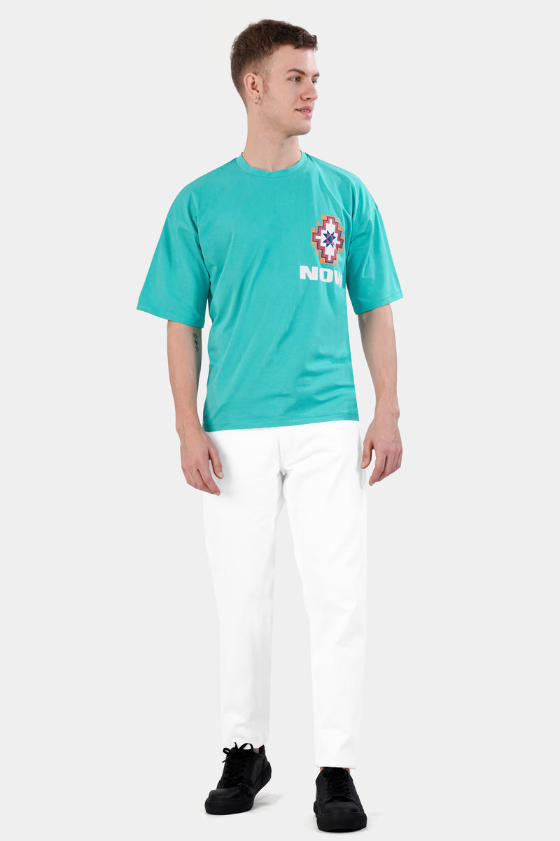 AQUA BLUE PRINTED PREMIUM COTTON OVERSIZED T-SHIRT