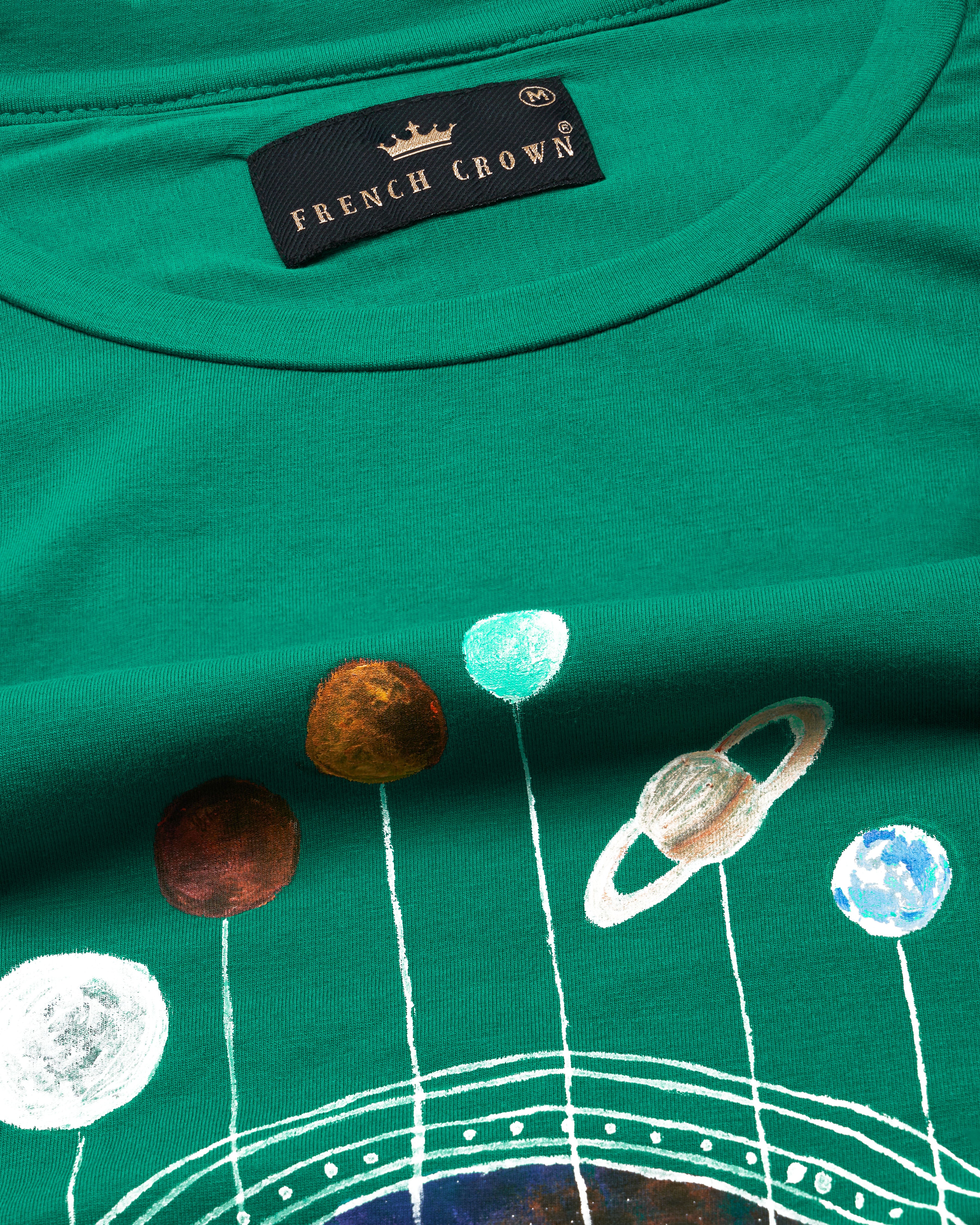 Tropical Green with Planets Hand Painted Premium Cotton T-shirt TS005-W012-S, TS005-W012-M, TS005-W012-L, TS005-W012-XL, TS005-W012-XXL