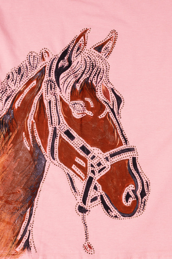 Beauty Bush Pink Funky Horse Hand Painted with Stonwork Organic Cotton T-Shirt