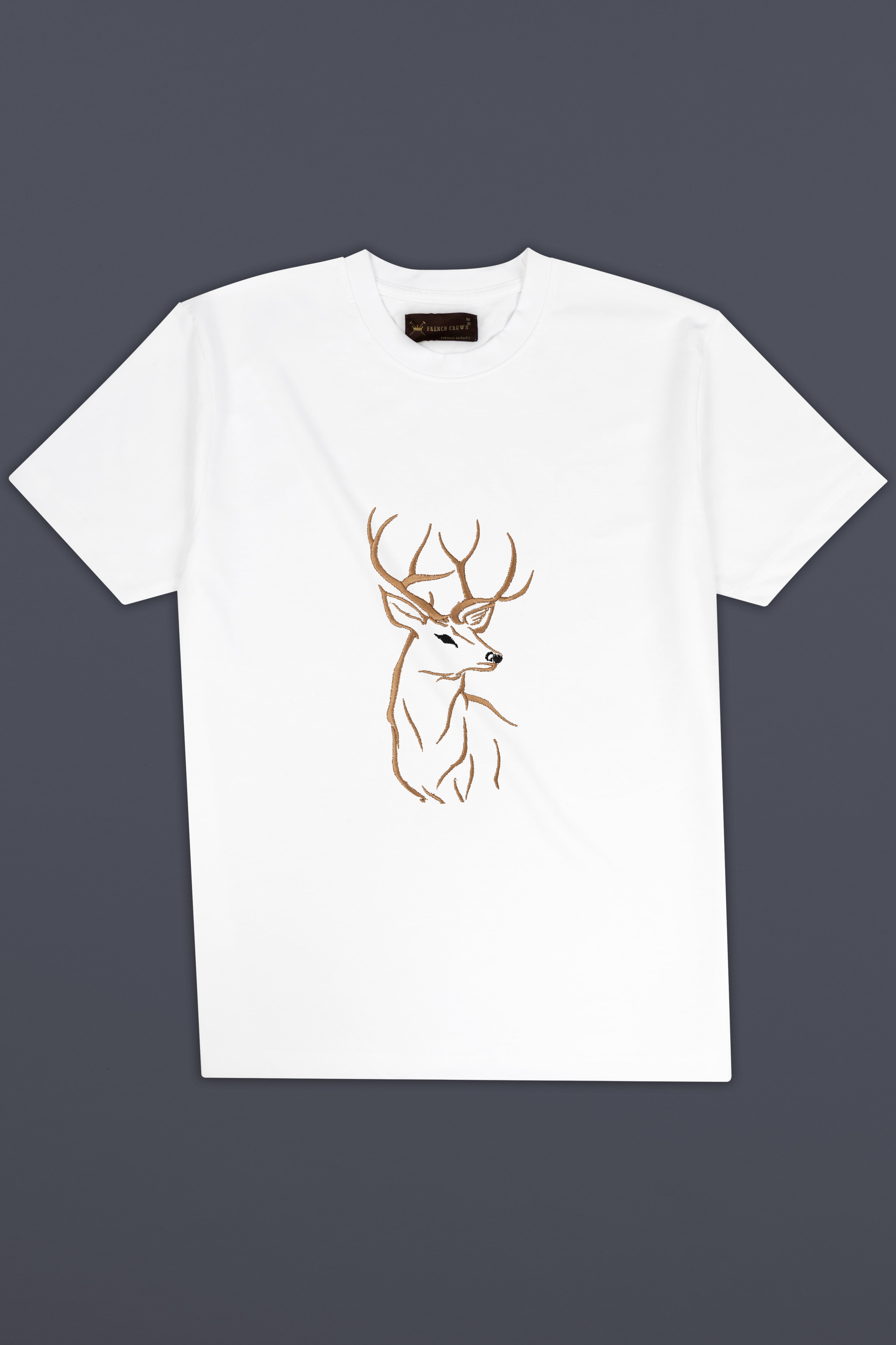 Bright White Reindeer Embroidered heavyweight Premium Cotton Designer T Shirt