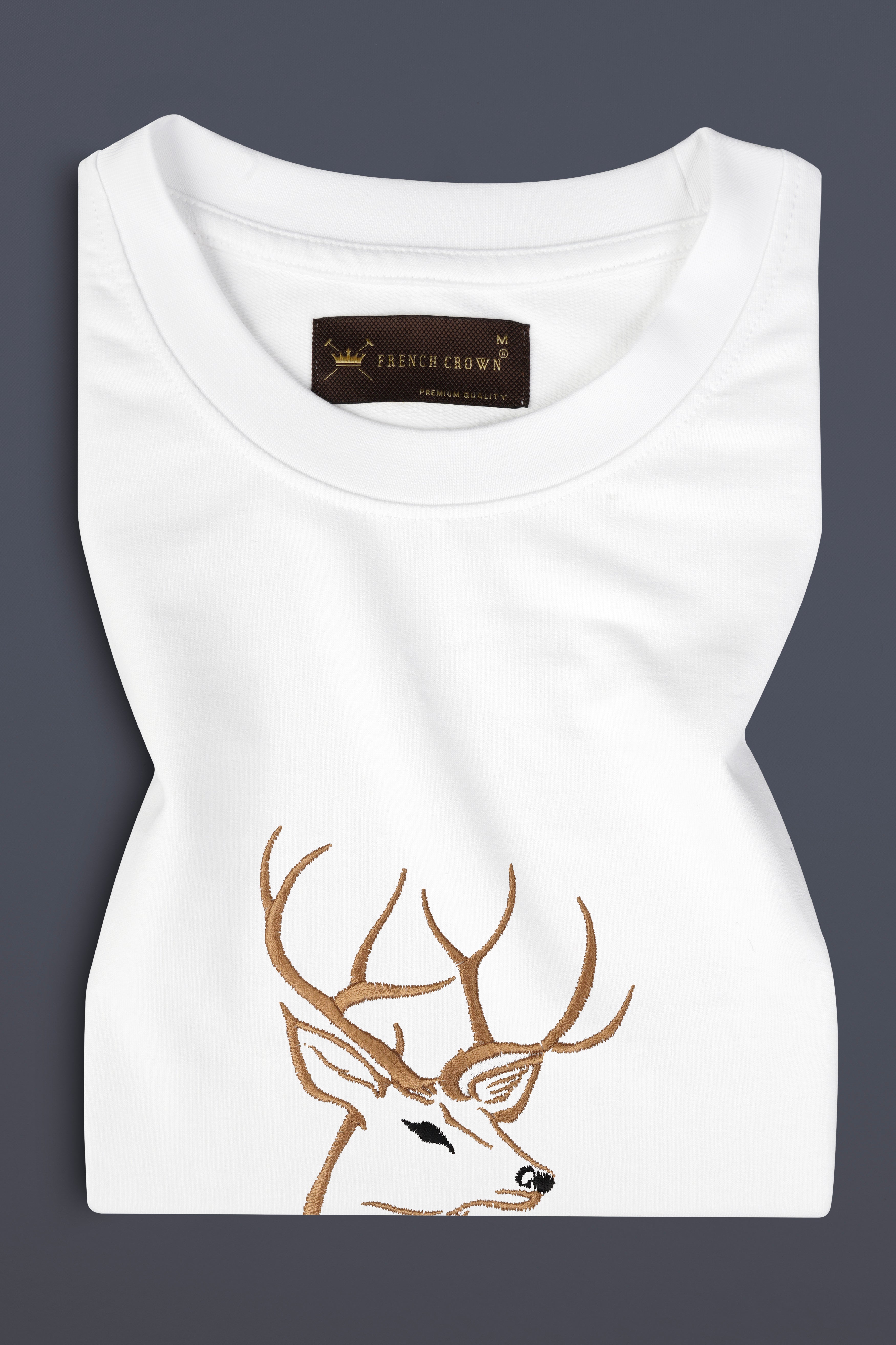 Bright White Reindeer Embroidered heavyweight Premium Cotton Designer T Shirt TS1009-W01-E468-S, TS1009-W01-E468-M, TS1009-W01-E468-L, TS1009-W01-E468-XL, TS1009-W01-E468-XXL