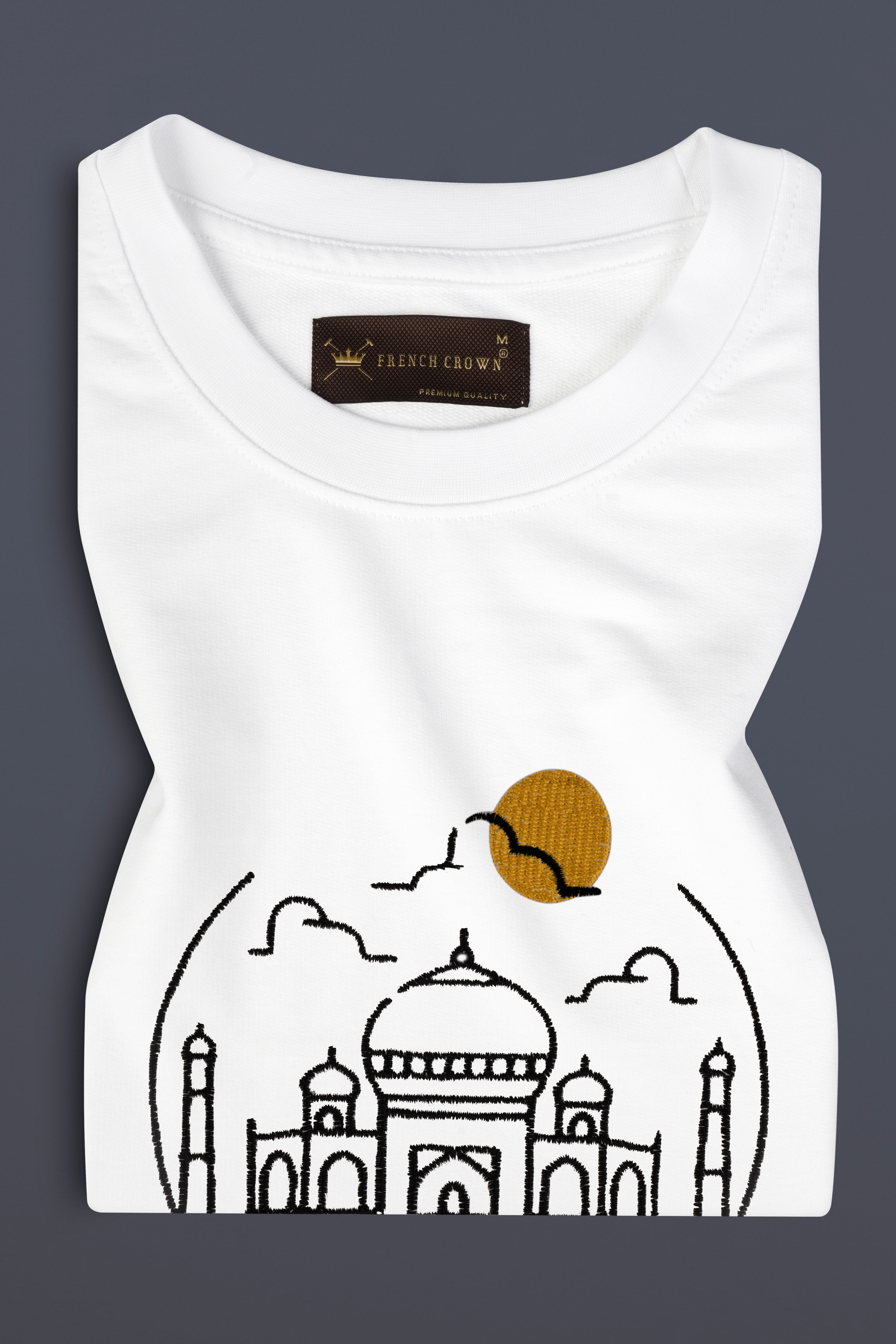 Bright White Taj Mahal Embroidered heavyweight Premium Cotton Designer T Shirt TS1009-W02-E473-S, TS1009-W02-E473-M, TS1009-W02-E473-L, TS1009-W02-E473-XL, TS1009-W02-E473-XXL