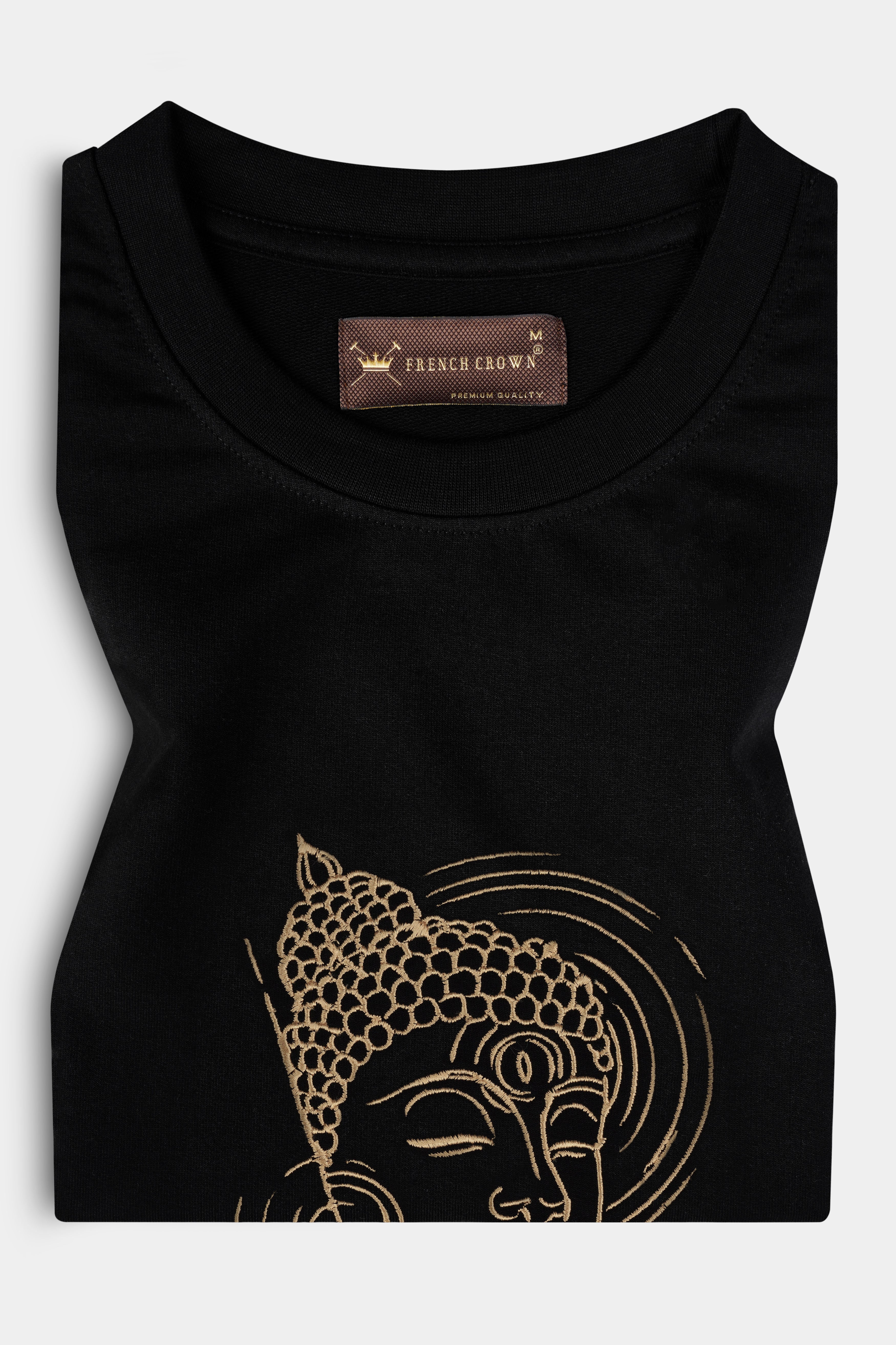 Jade Black Buddha Mandala Embroidered heavyweight Premium Cotton Designer T Shirt TS1010-W02-E470-S, TS1010-W02-E470-M, TS1010-W02-E470-L, TS1010-W02-E470-XL, TS1010-W02-E470-XXL