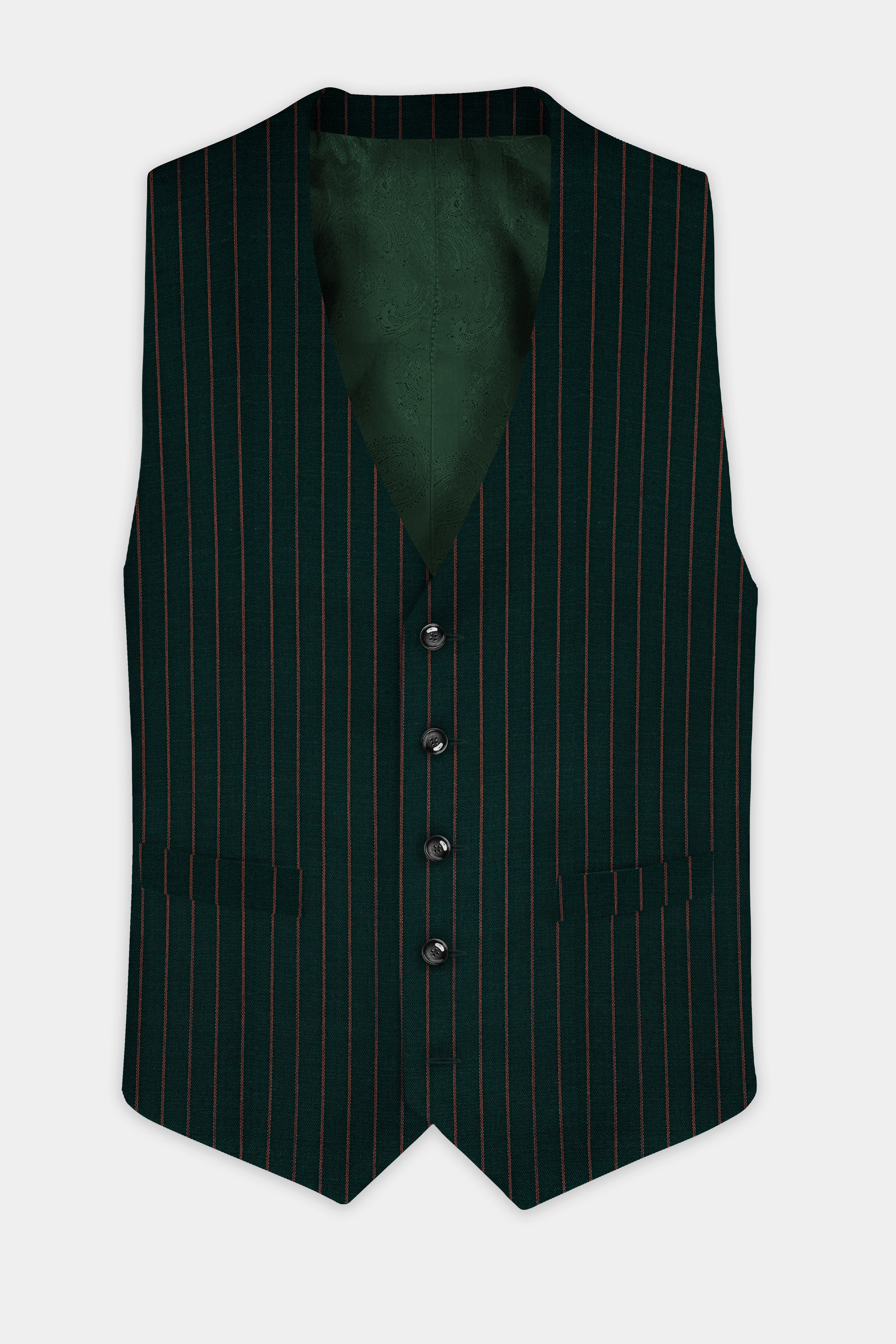 Swamp Green Striped Wool Blend Waistcoat