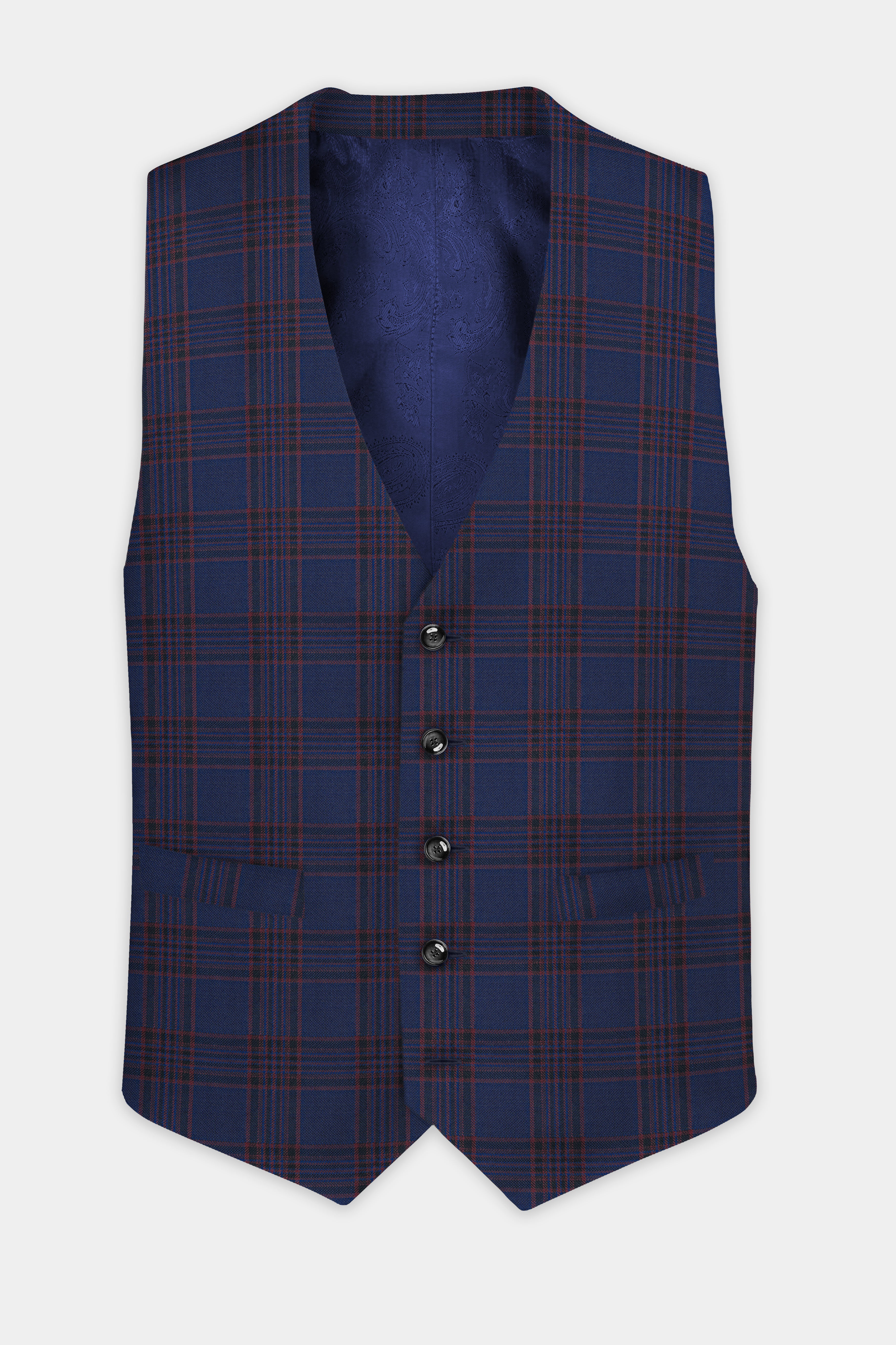 Bunting Blue with Livid Brown Plaid Wool Blend Waistcoat