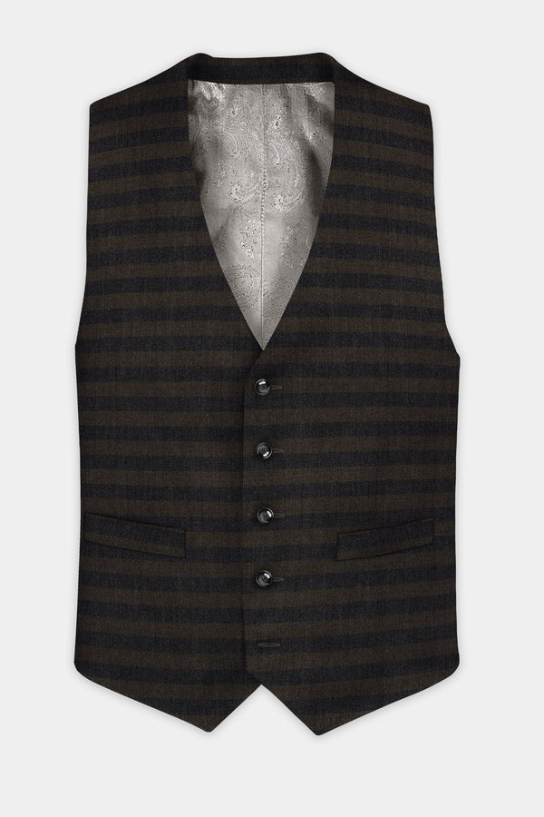 Taupe Brown With Jade Black Striped Wool Blend Waistcoat