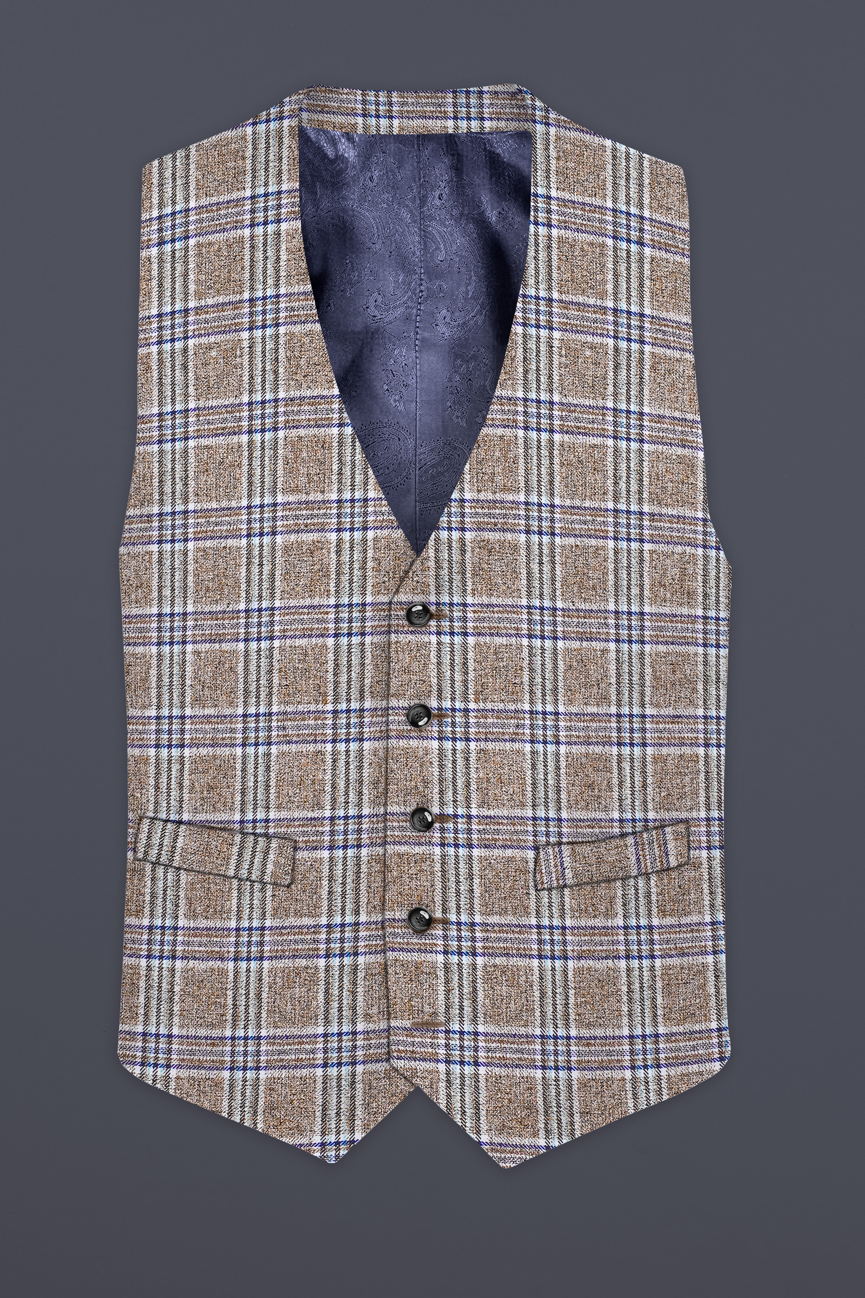 Shadow Brown with Rhino Blue Plaid Wool Blend Waistcoat