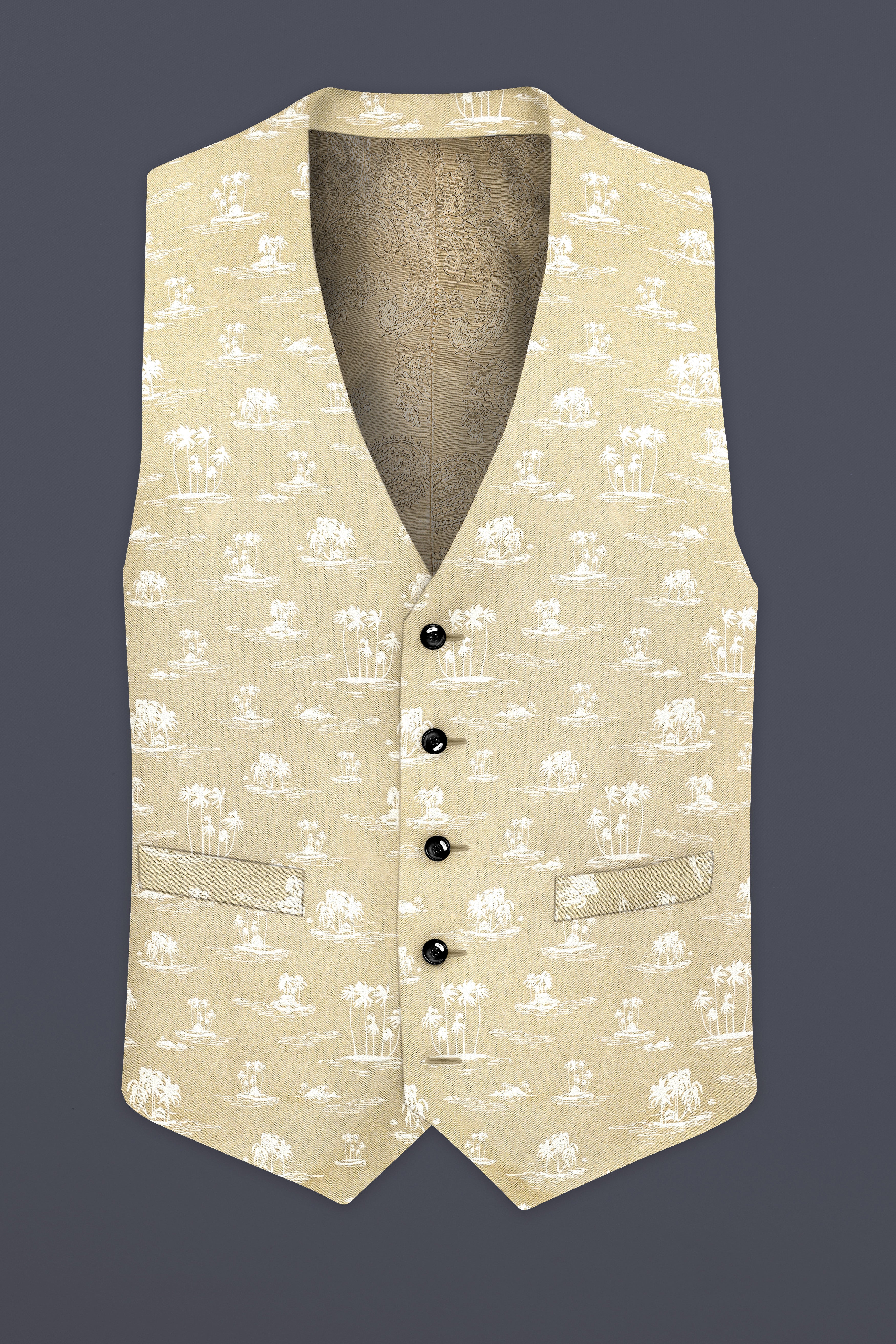 Malta Cream Coconut Tree Printed Cotton Waistcoat