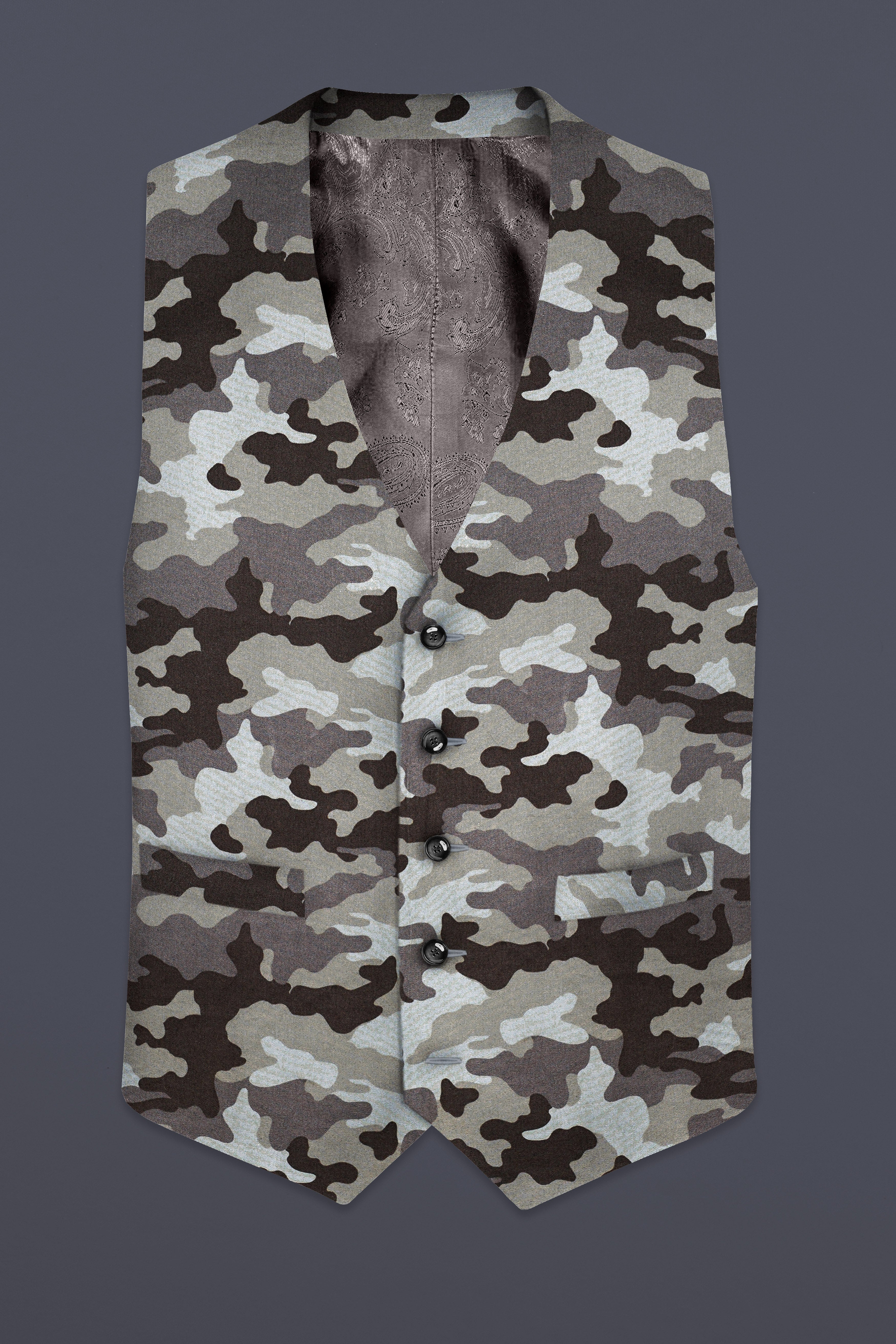 Emperor Gray And Tundora Camouflage Printed Cotton Waistcoat