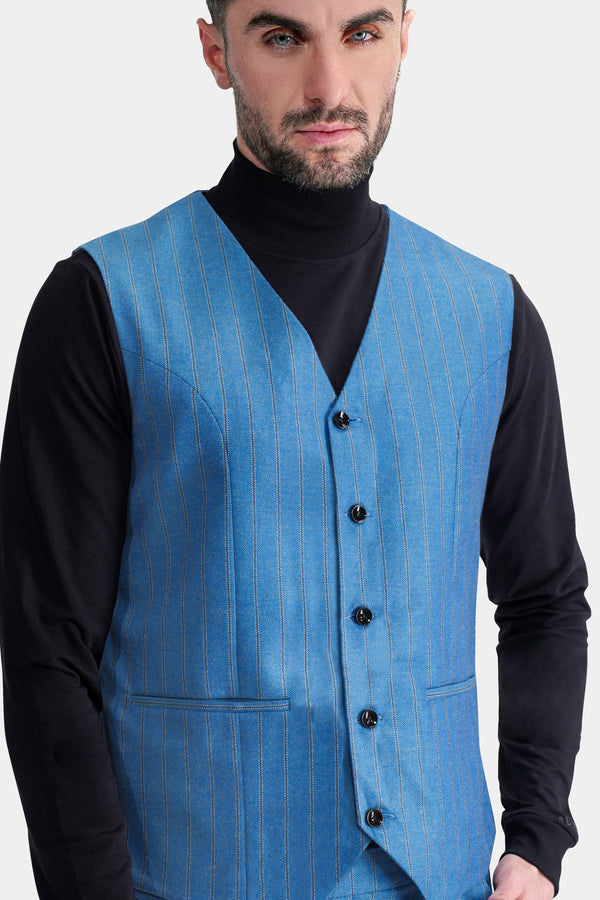 Wedgewood Blue Subtle Striped Tweed Waistcoat