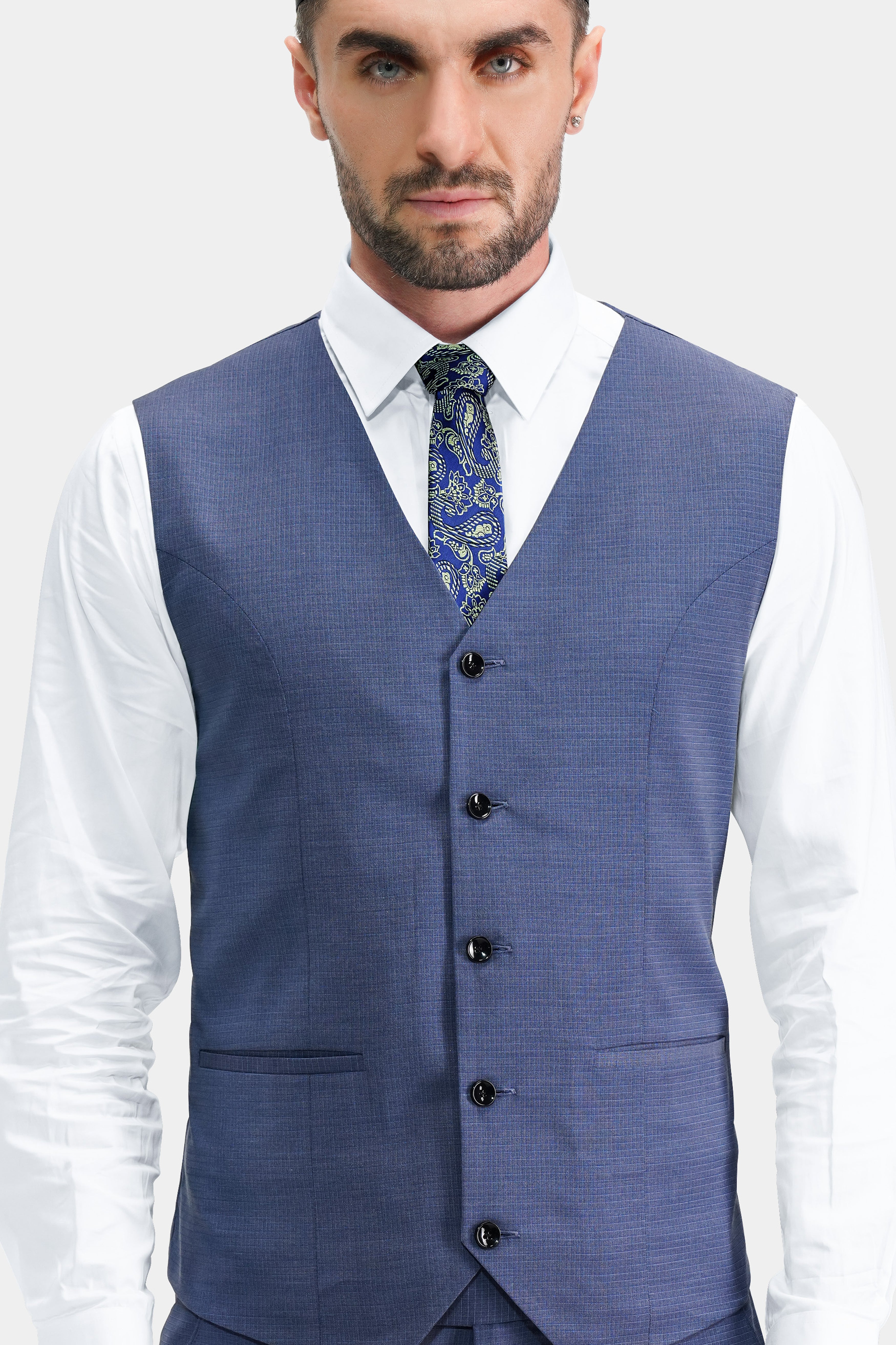 Scampi Blue and Muesli Brown Plaid Wool Rich Waistcoat