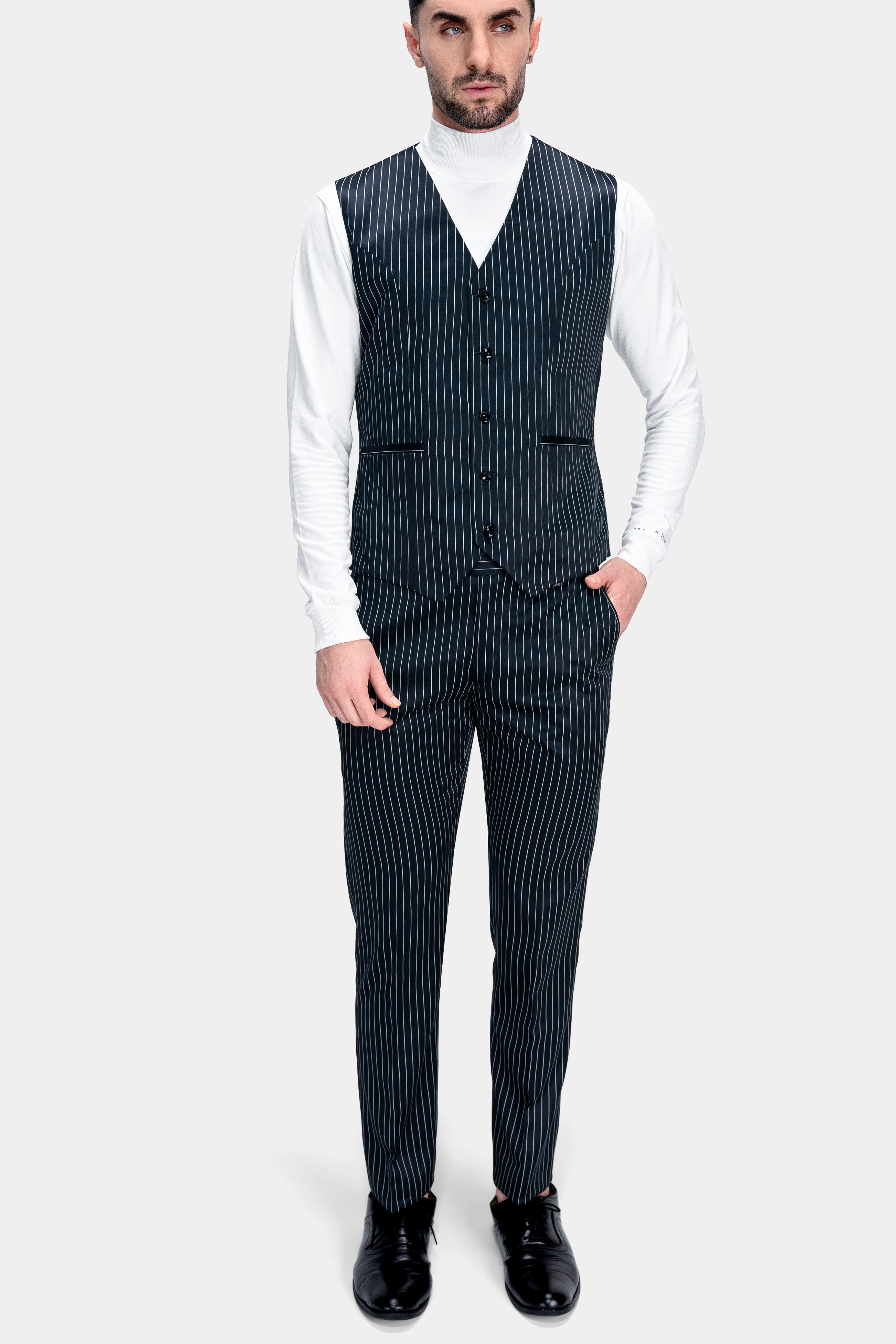 Gunmetal Blue with White Striped Wool Rich Waistcoat