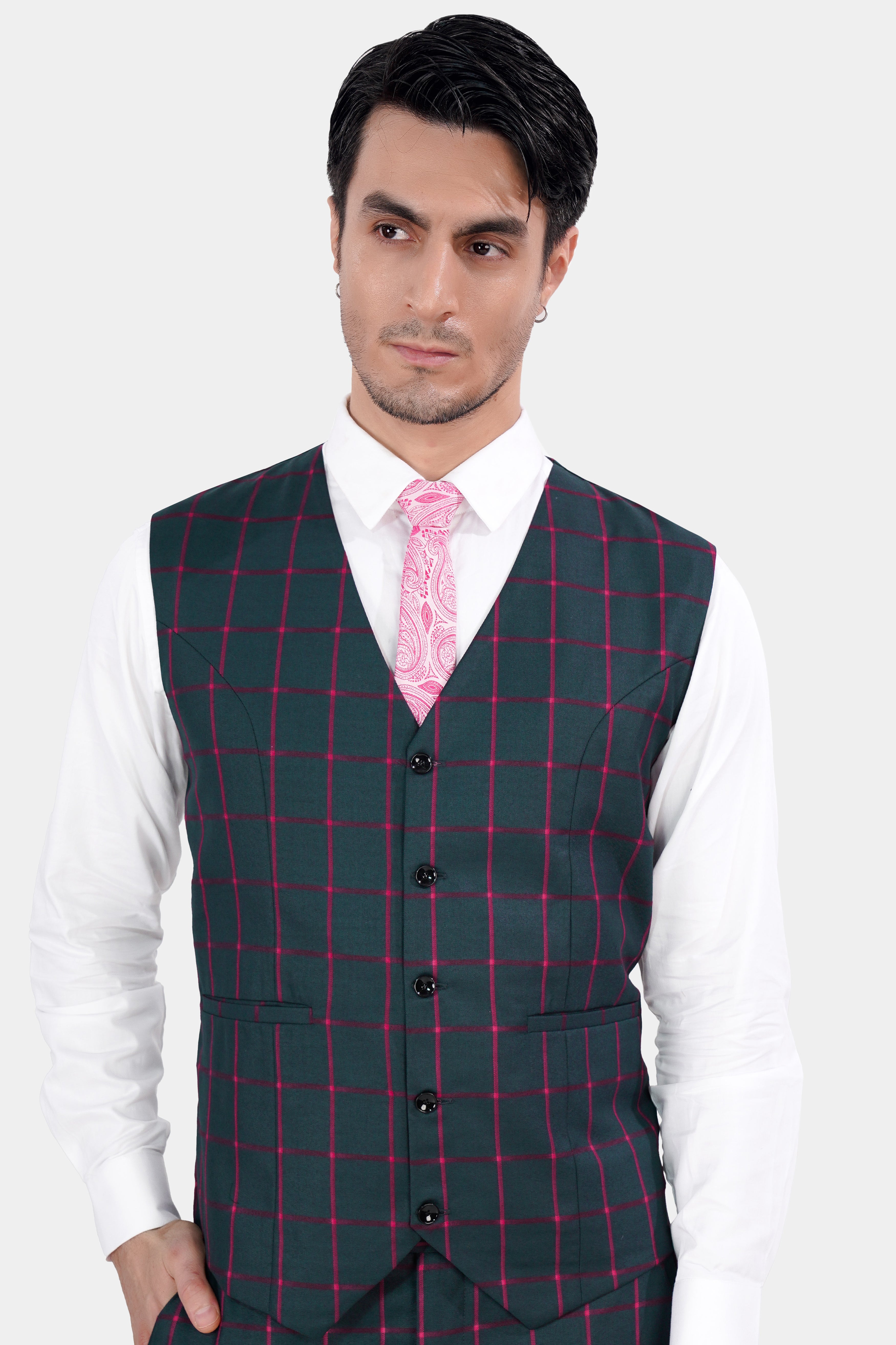 Outer Space Gray and Rouge Pink Windowpane Wool Rich Waistcoat V2843-36, V2843-38, V2843-40, V2843-42, V2843-44, V2843-46, V2843-48, V2843-50, V2843-52, V2843-54, V2843-56, V2843-58, V2843-60