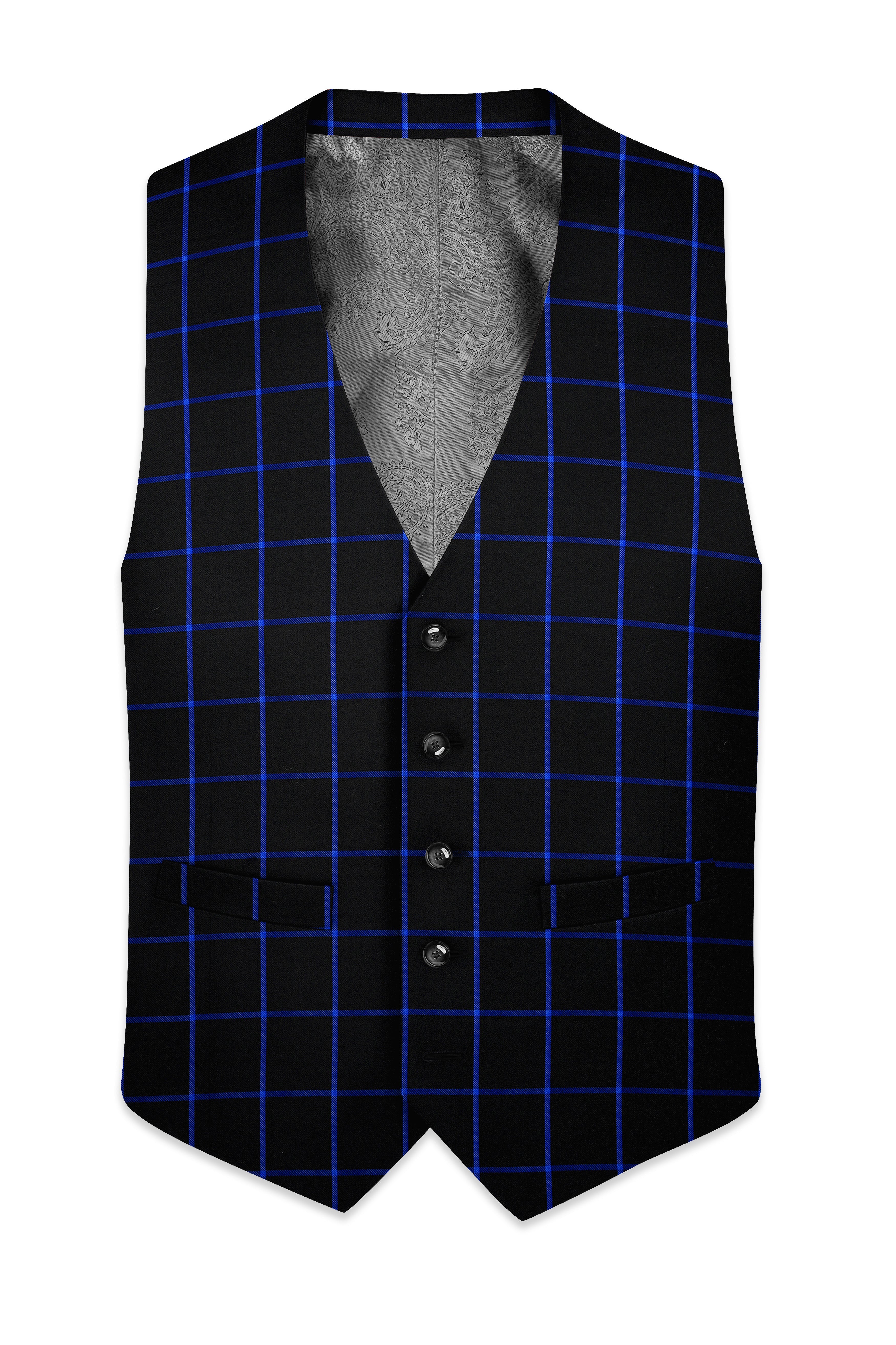 Jade Black With Cerulean Blue Windowpane Wool Rich Waistcoat