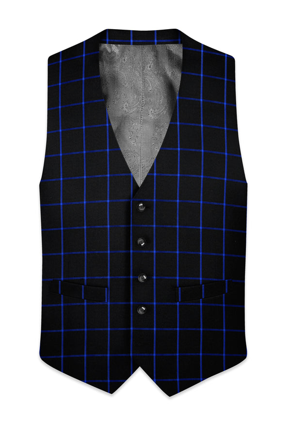 Jade Black With Cerulean Blue Windowpane Wool Rich Waistcoat