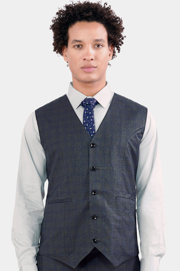 Capecod Gray and Delft Blue Subtle Checkered Wool Rich Waistcoat