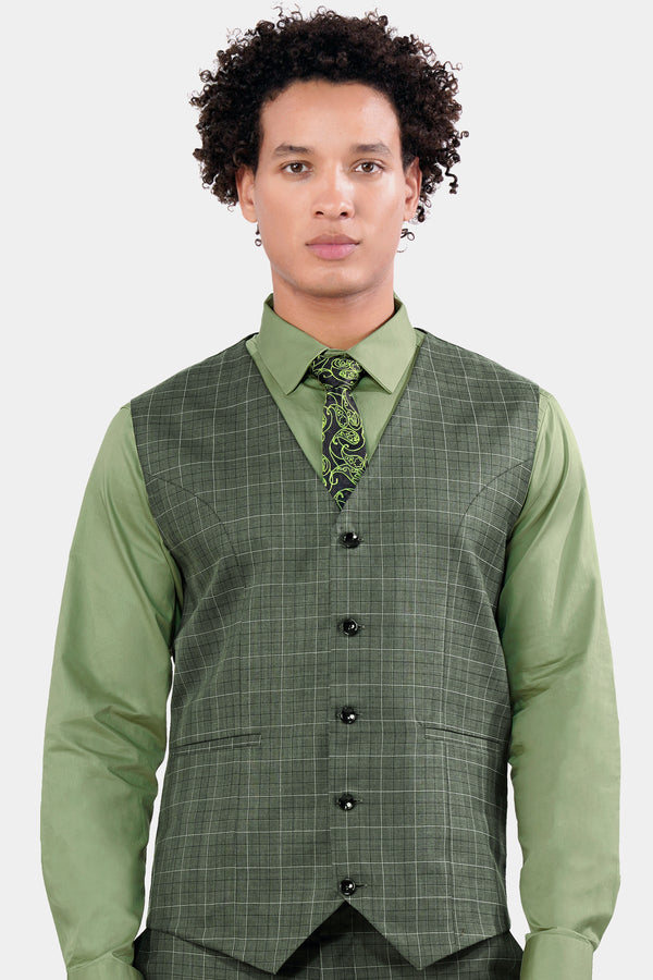Artichoke Green Checkered Wool Rich Waistcoat