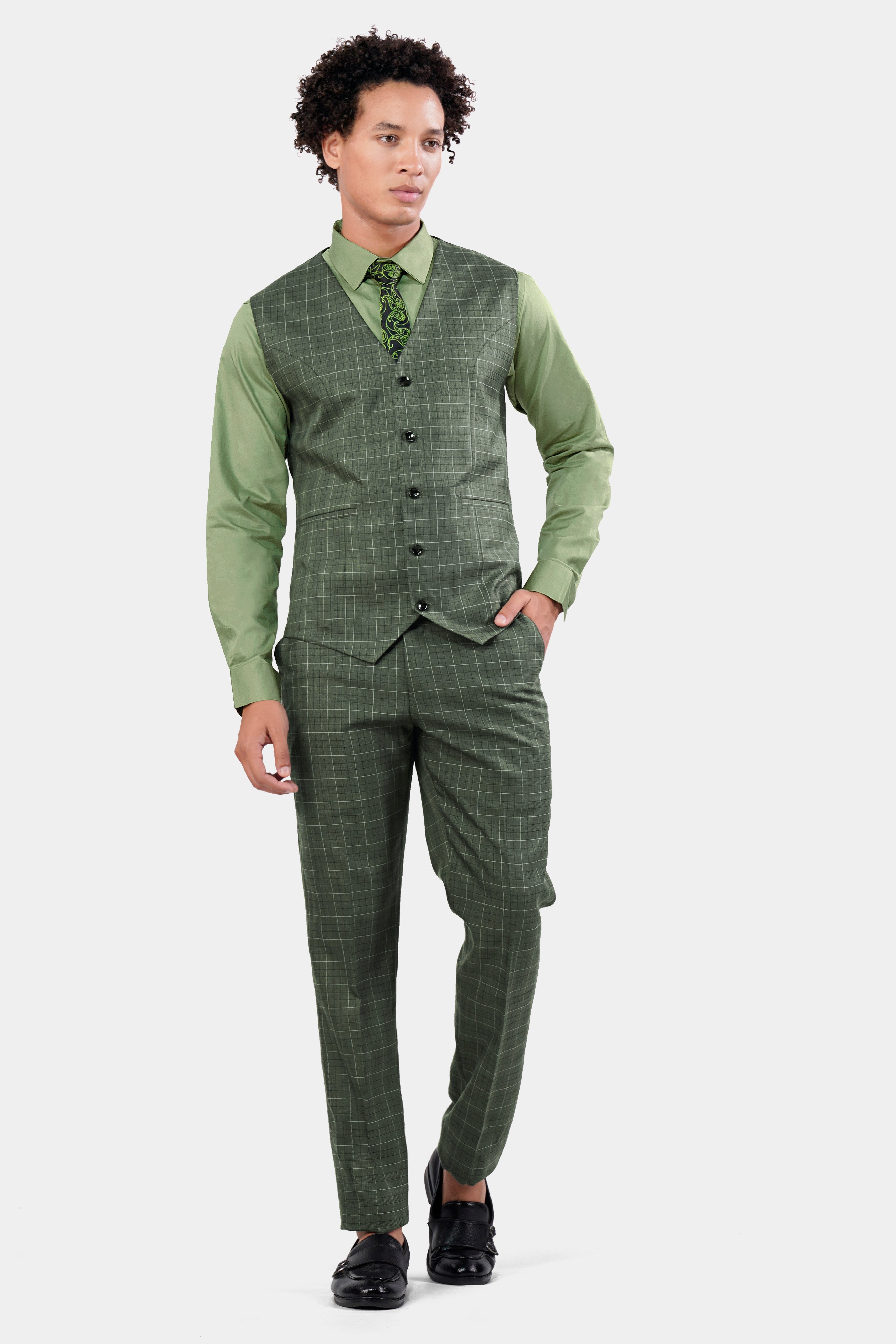 Artichoke Green Checkered Wool Rich Waistcoat V2913-36, V2913-38, V2913-40, V2913-42, V2913-44, V2913-46, V2913-48, V2913-50, V2913-13, V2913-54, V2913-56, V2913-58, V2913-60