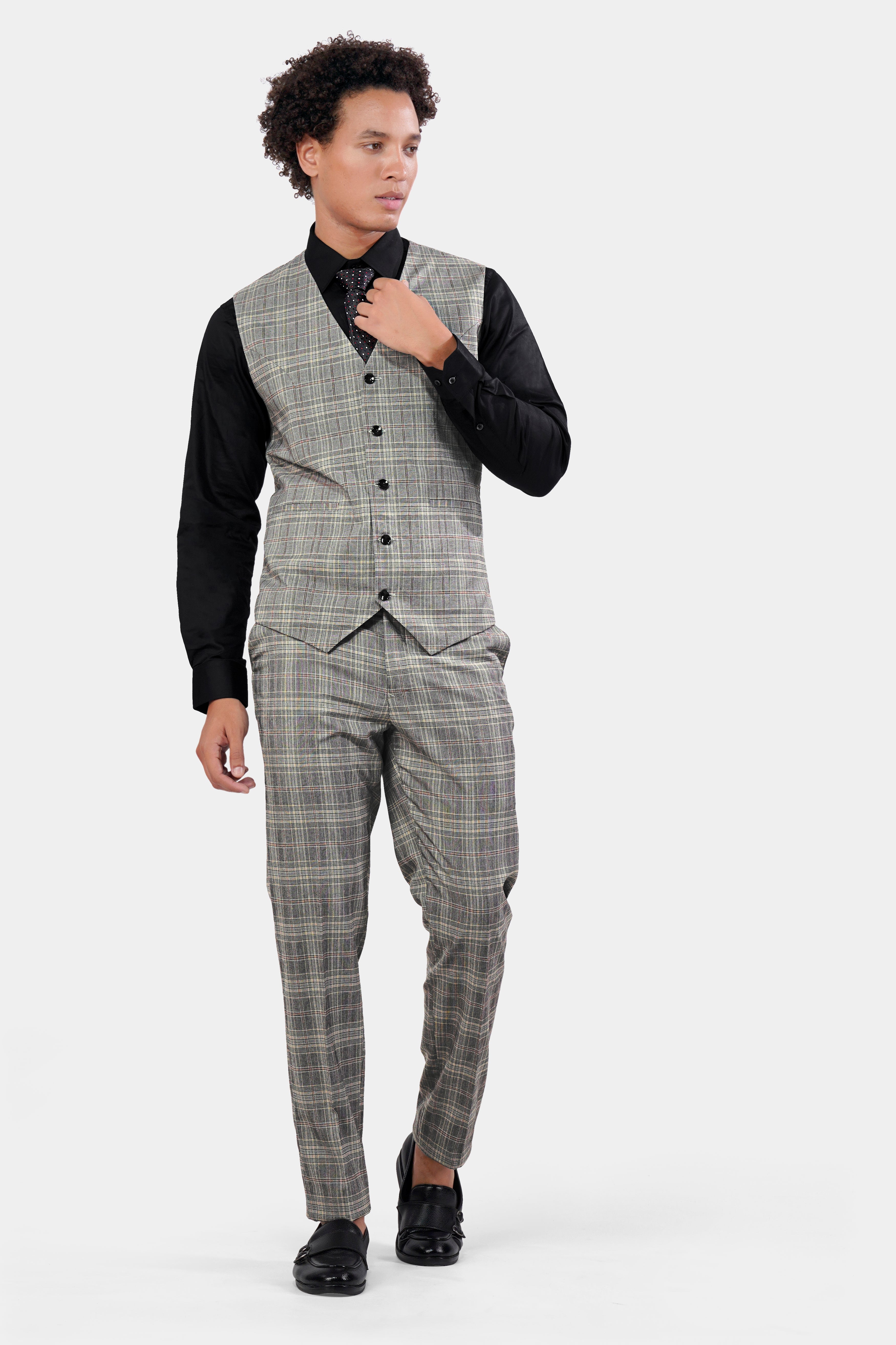 Chalice Gray Plaid and Black Wool Rich Designer Waistcoat V2928-36, V2928-38, V2928-40, V2928-42, V2928-44, V2928-46, V2928-48, V2928-50, V2928-28, V2928-54, V2928-56, V2928-58, V2928-60