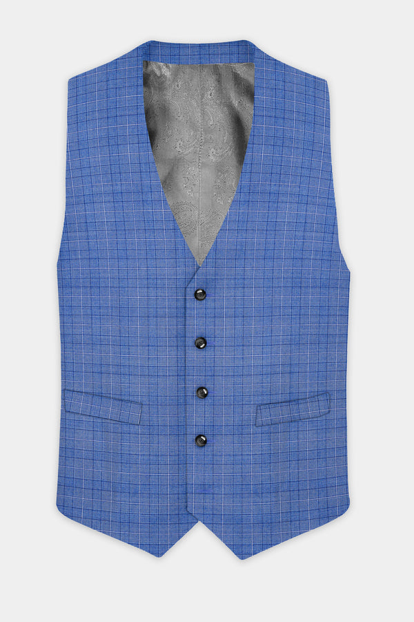 Cobalt Blue Checkered Wool Rich Waistcoat