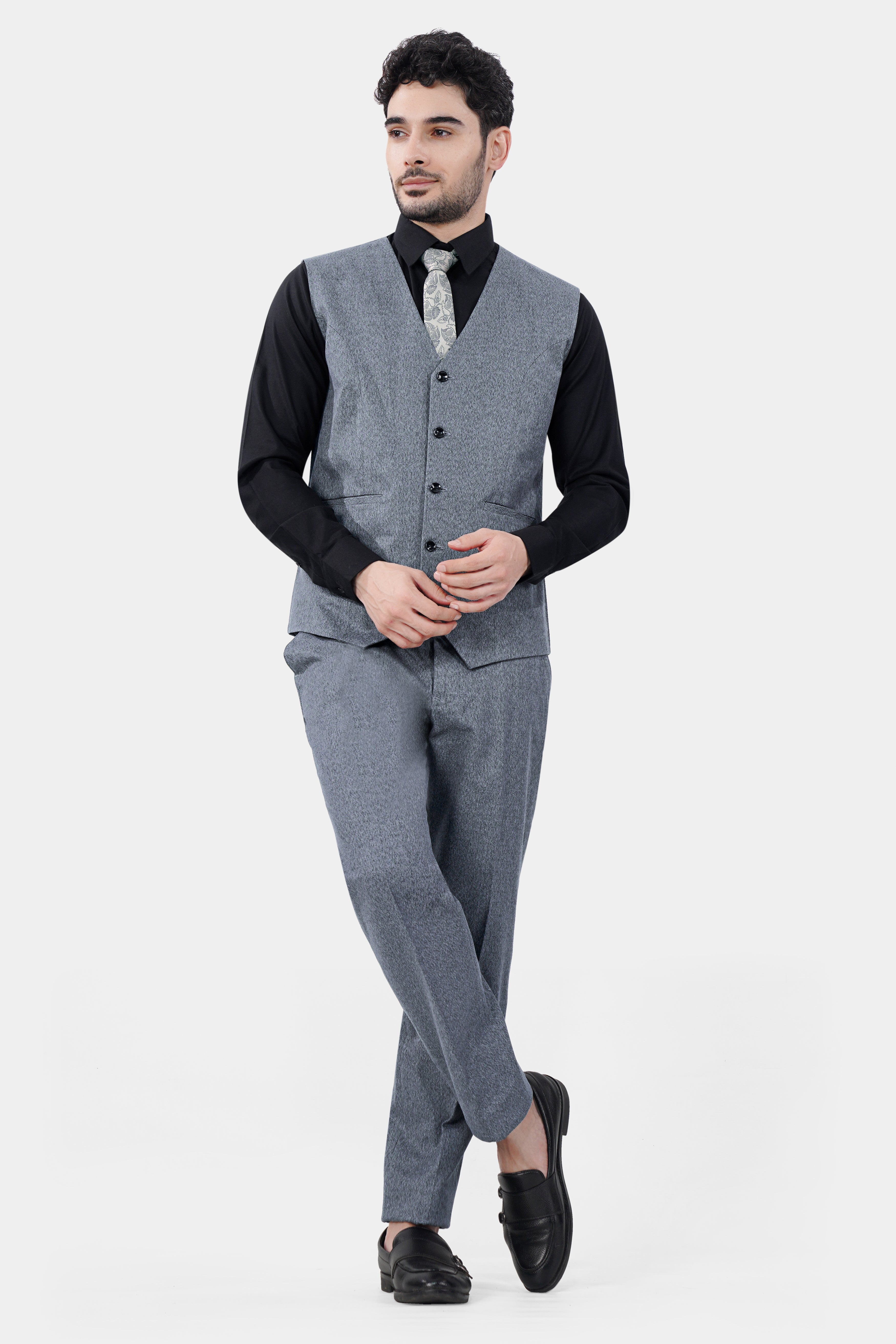 Black shirt shop and grey waistcoat