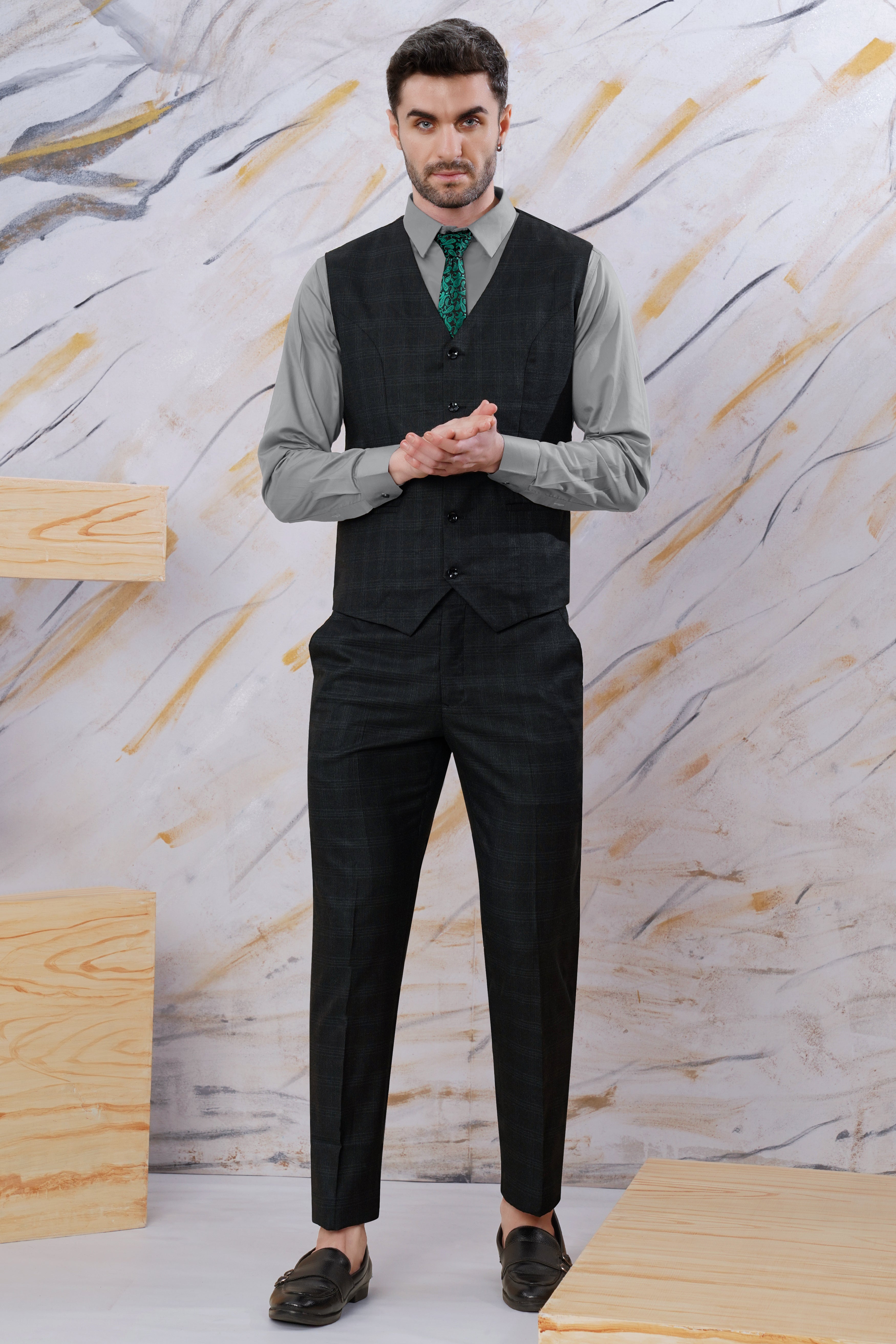 Charade Gray Plaid Wool Rich Waistcoat