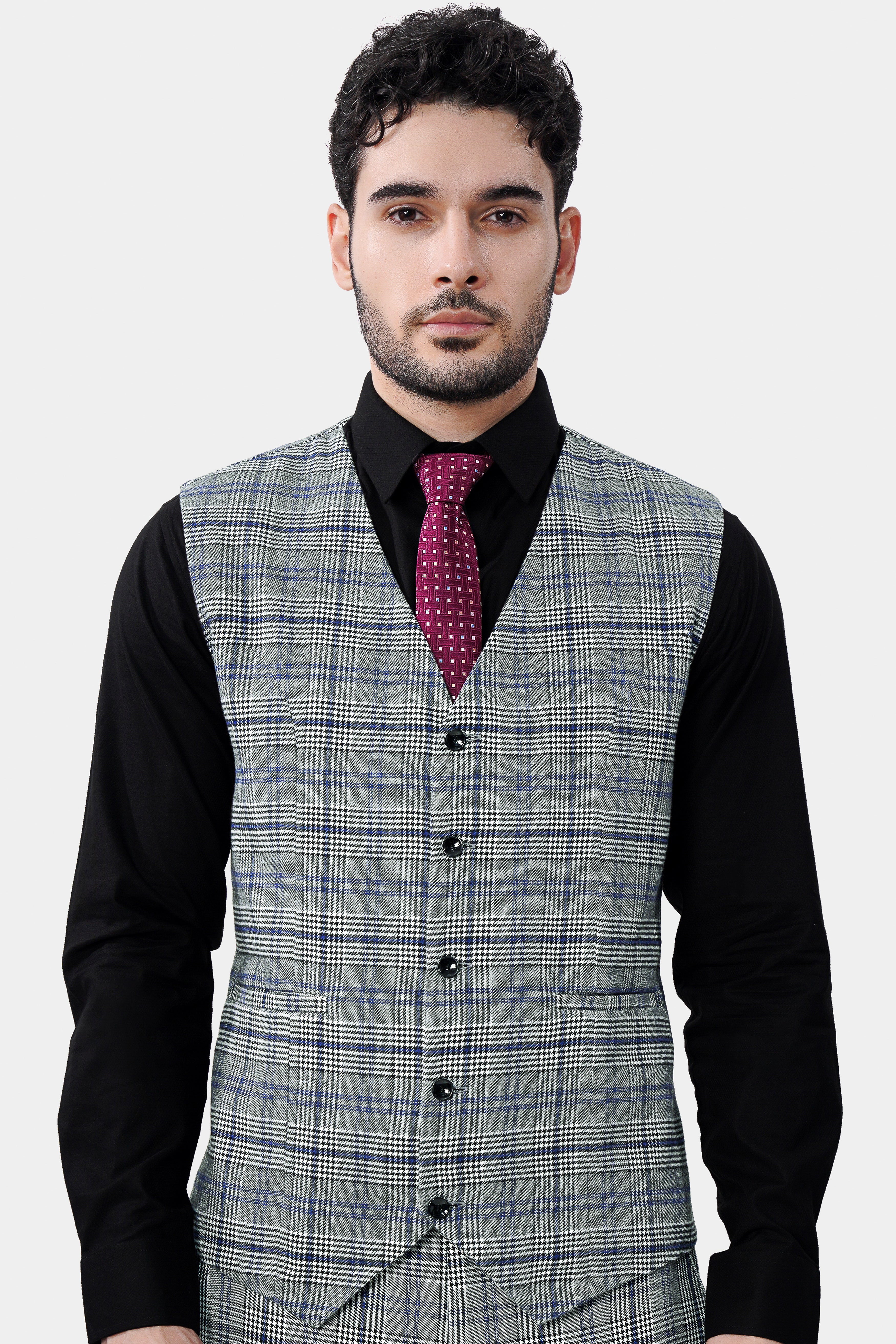 Chalice Gray and Chathams Blue Plaid Houndstooth Waistcoat V3027-36, V3027-38, V3027-40, V3027-42, V3027-44, V3027-46, V3027-48, V3027-50, V3027-27, V3027-54, V3027-56, V3027-58, V3027-60