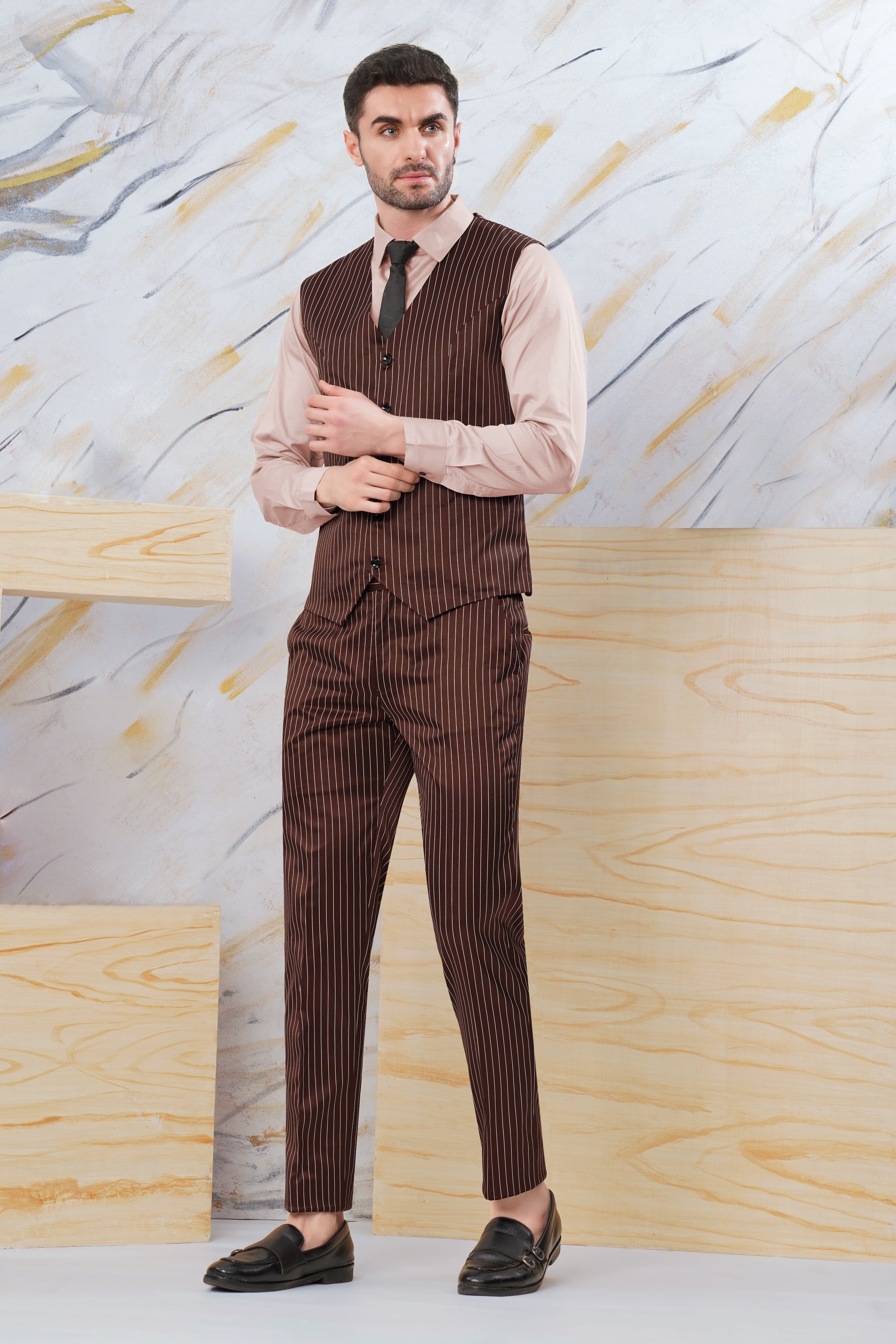 Cork Brown and White Striped Wool Rich Waistcoat