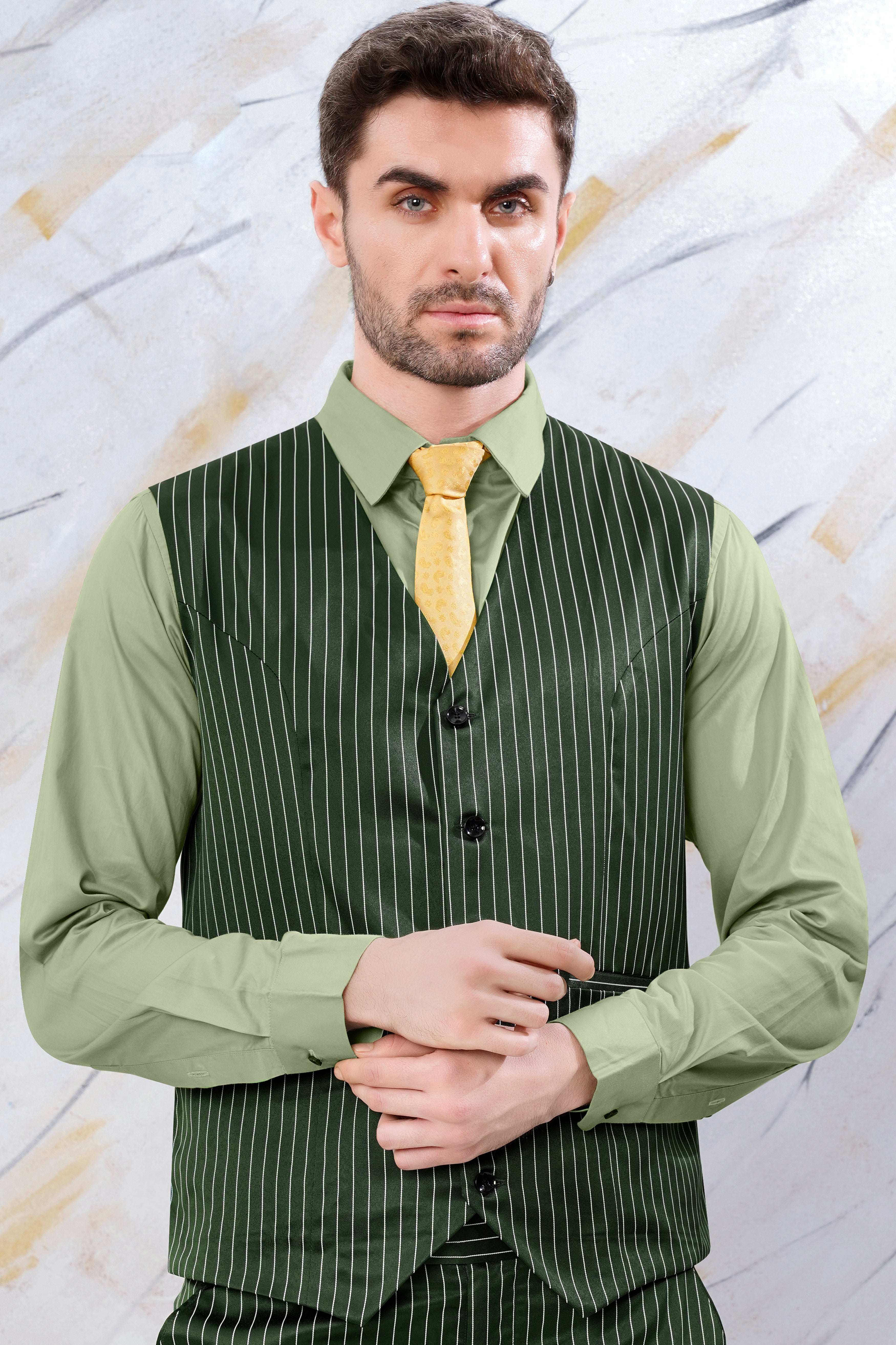 Myrtle Green and White Striped Wool Rich Waistcoat