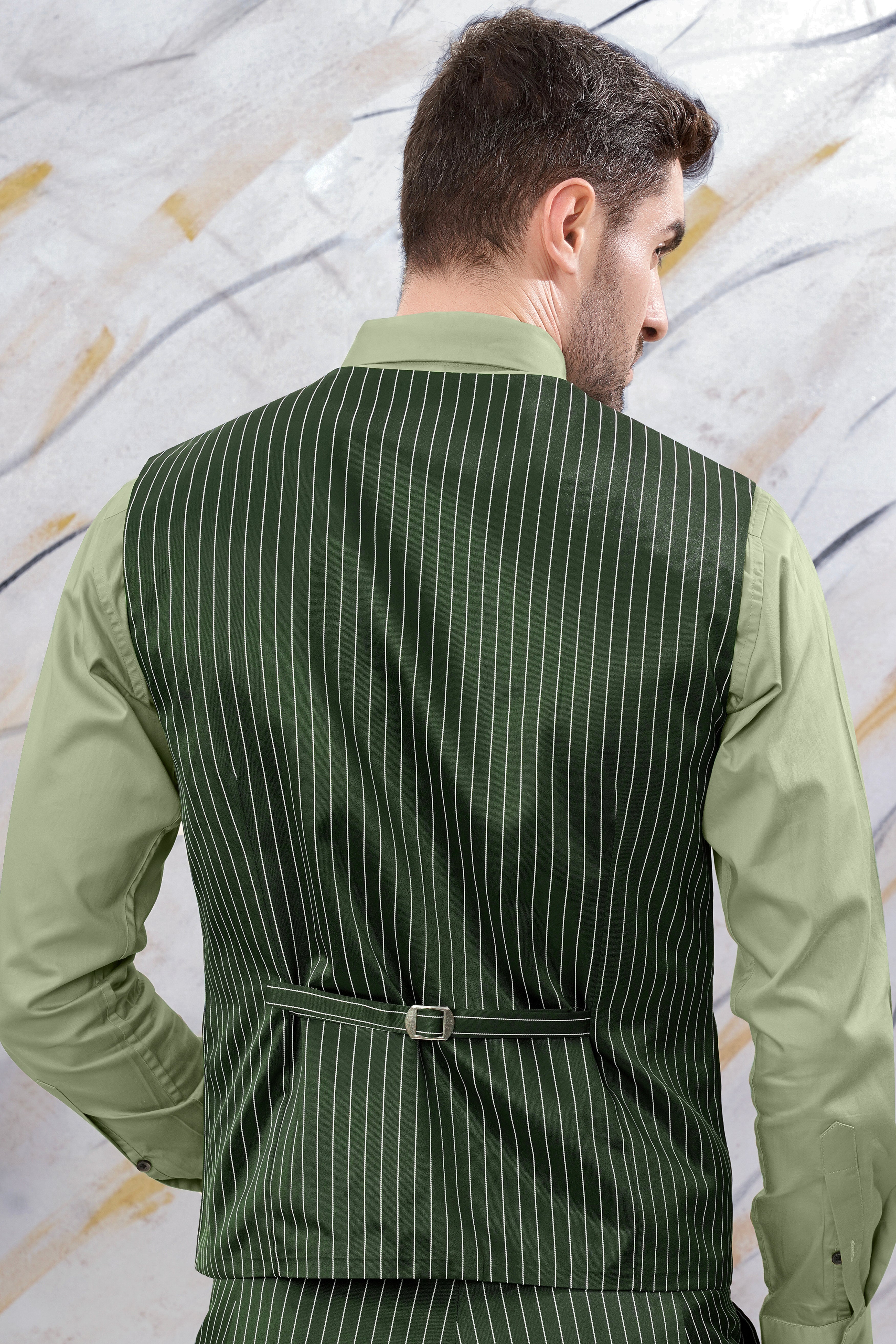 Myrtle Green and White Striped Wool Rich Waistcoat