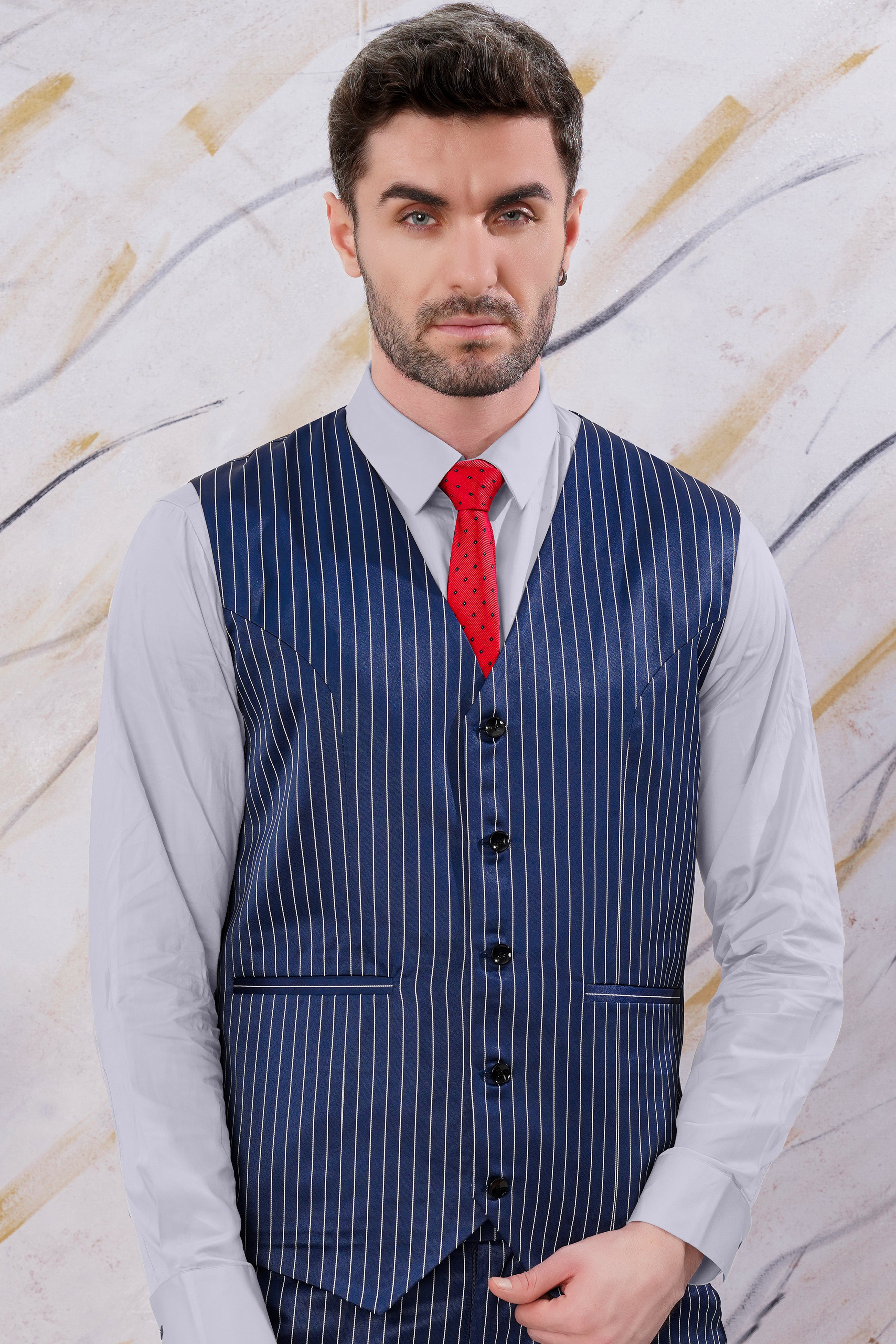 Cinder Blue and White Striped Wool Rich Waistcoat