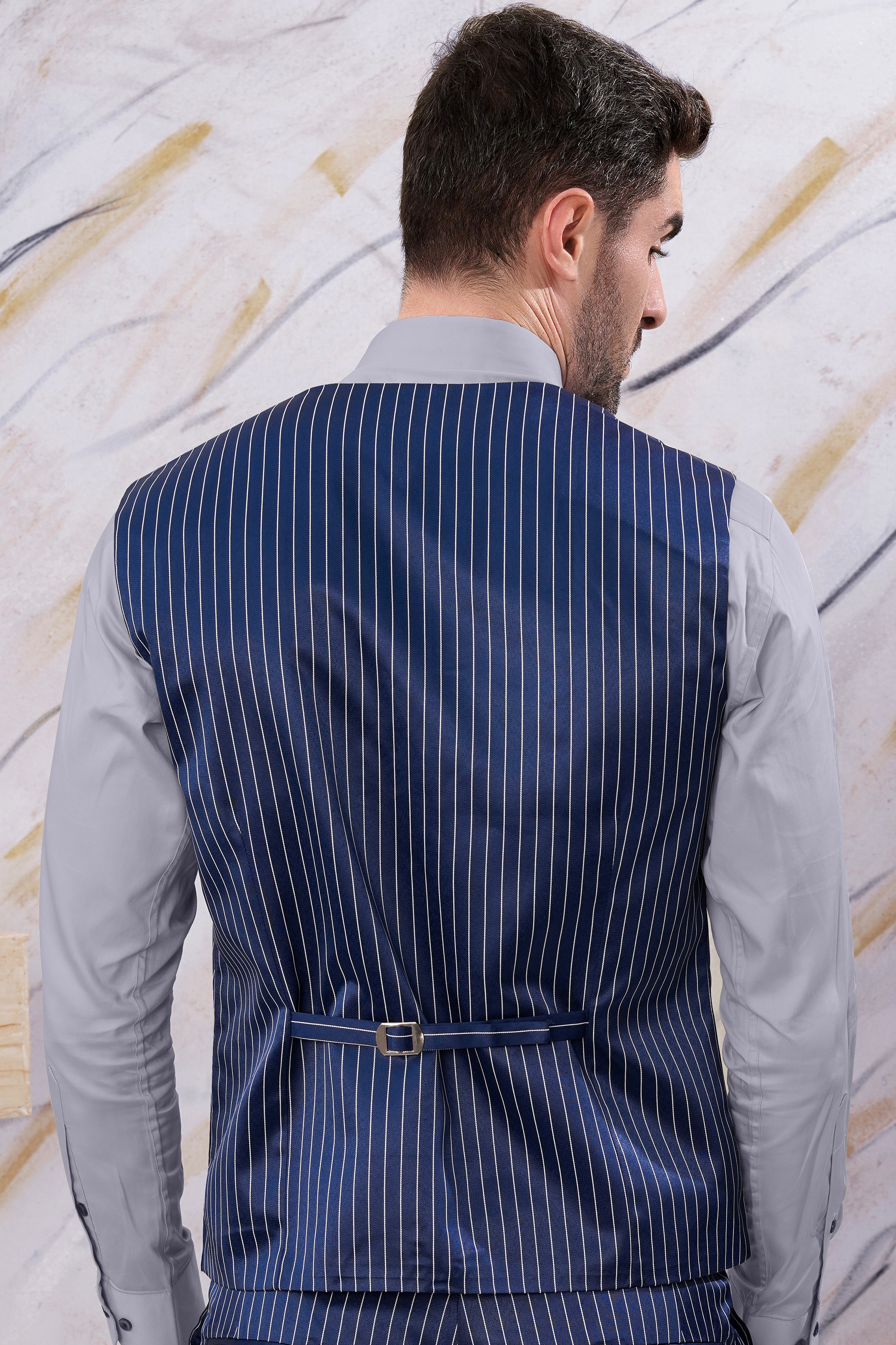 Cinder Blue and White Striped Wool Rich Waistcoat