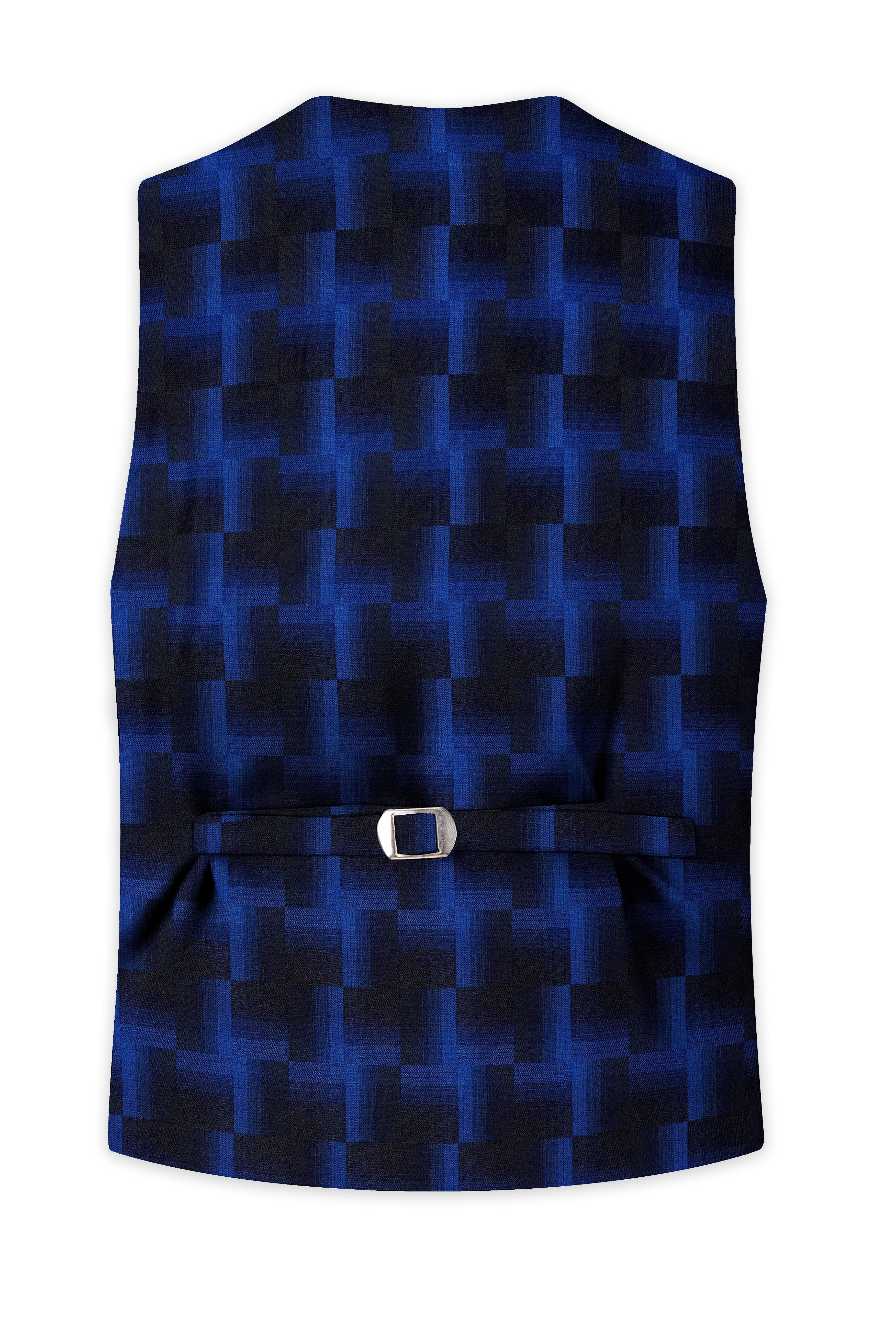 Marine Blue and Black Geometric Pattern Wool Rich Waistcoat