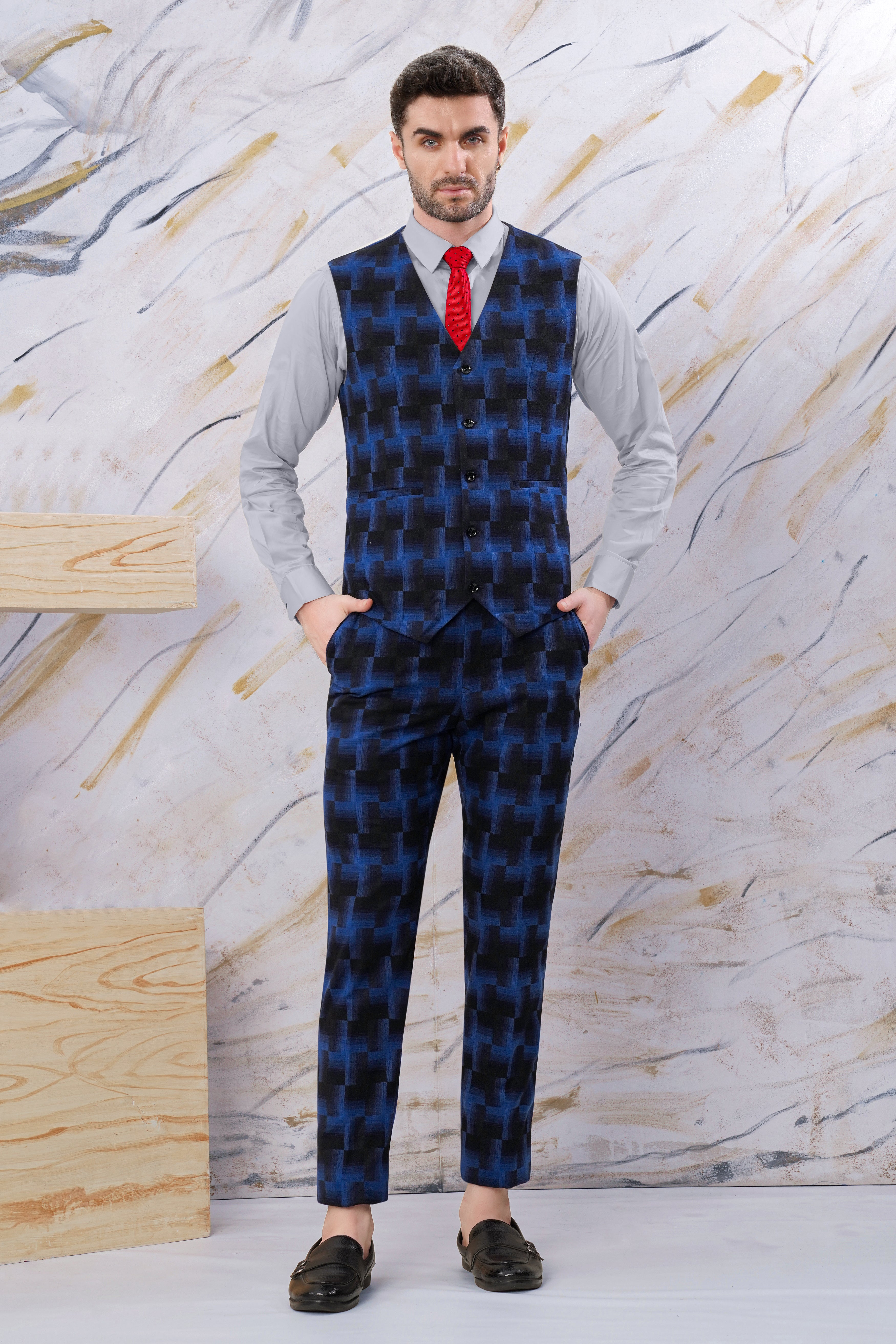 Marine Blue and Black Geometric Pattern Wool Rich Waistcoat