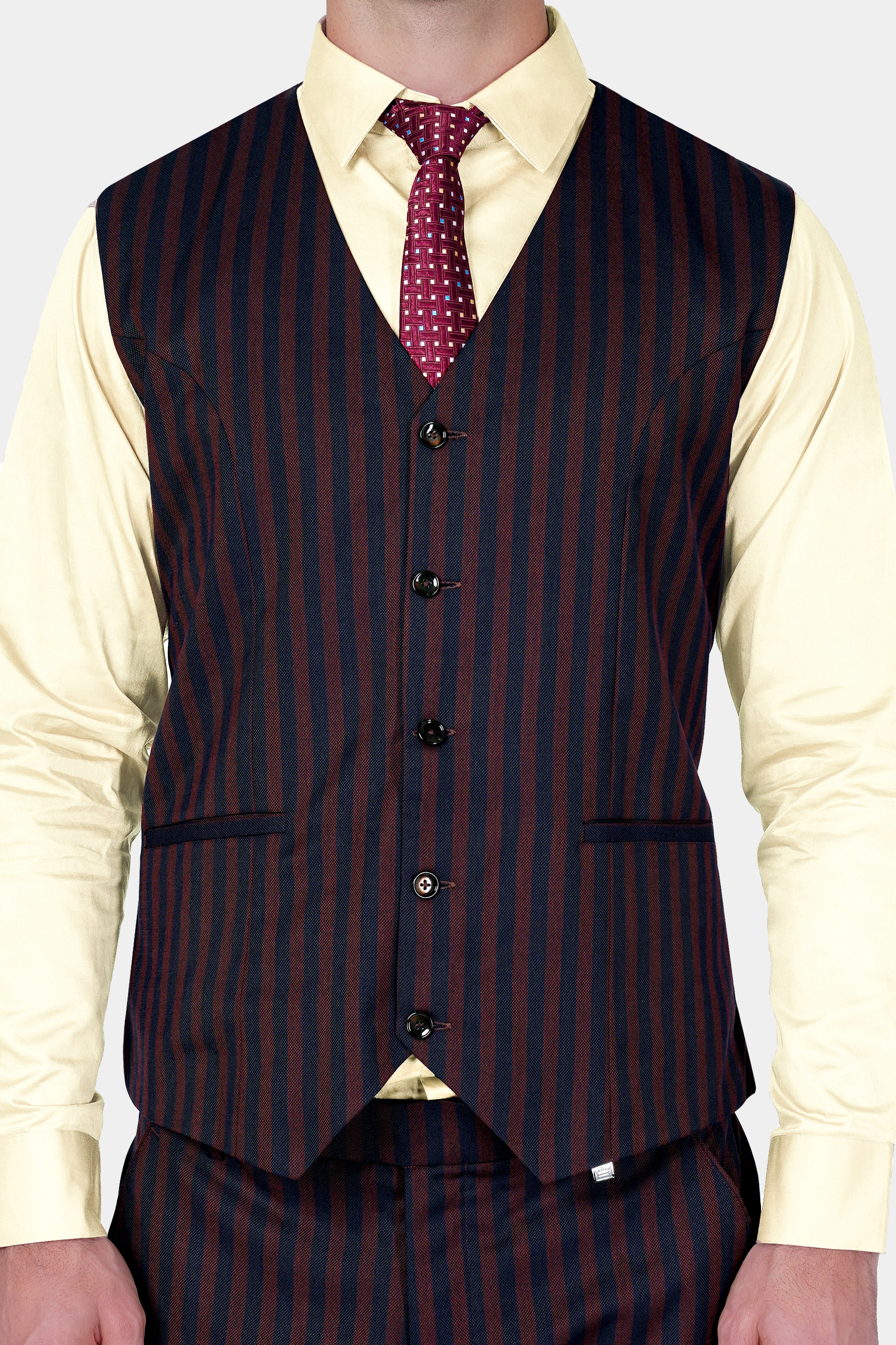 Gondola Brown and Mirage Blue Striped Wool Rich Waistcoat