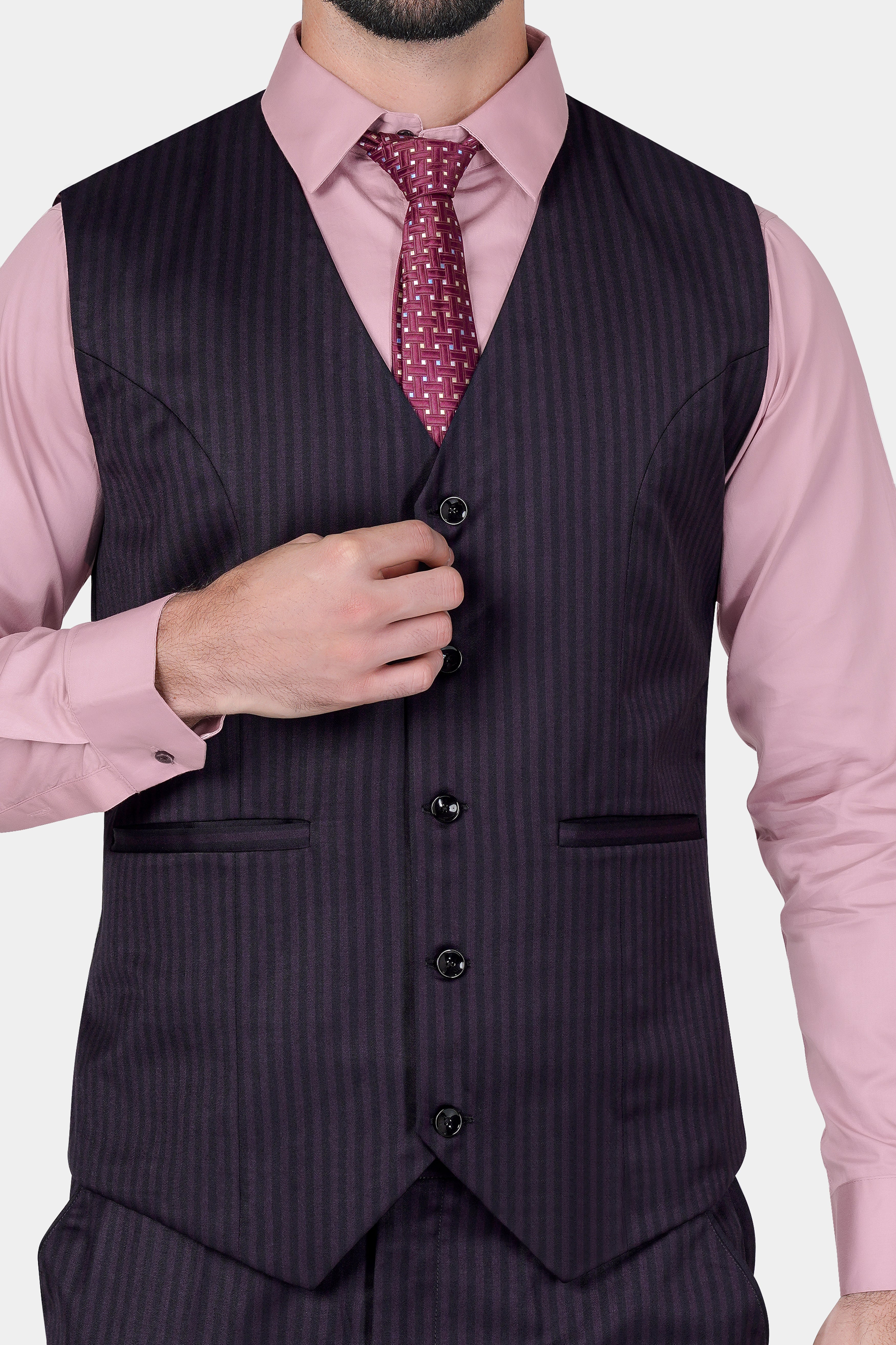 Imperial Purple and Black Striped Wool Rich Waistcoat