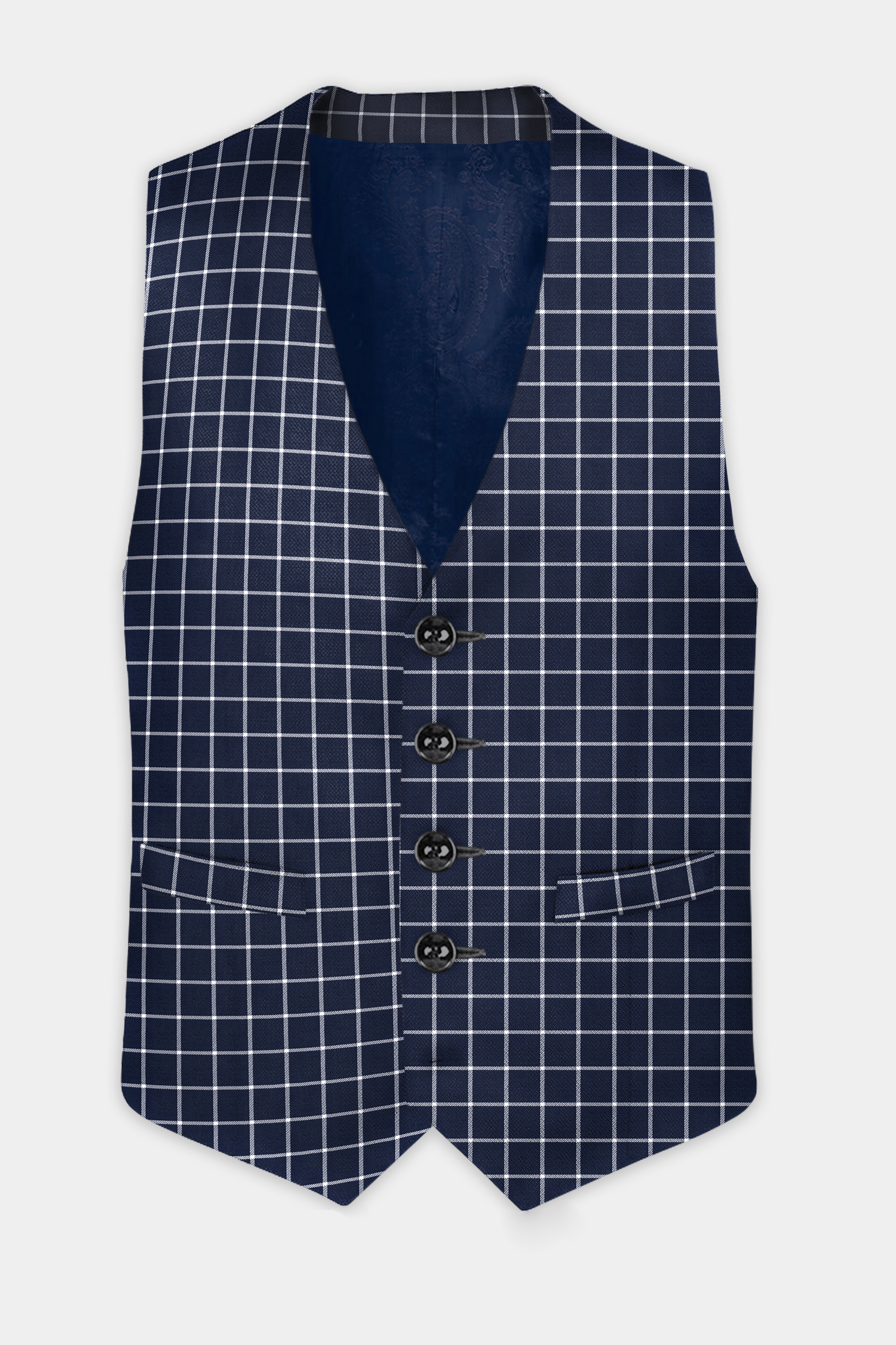 Admiral Blue and White Windowpane Checks Plaid Premium Wool Blend