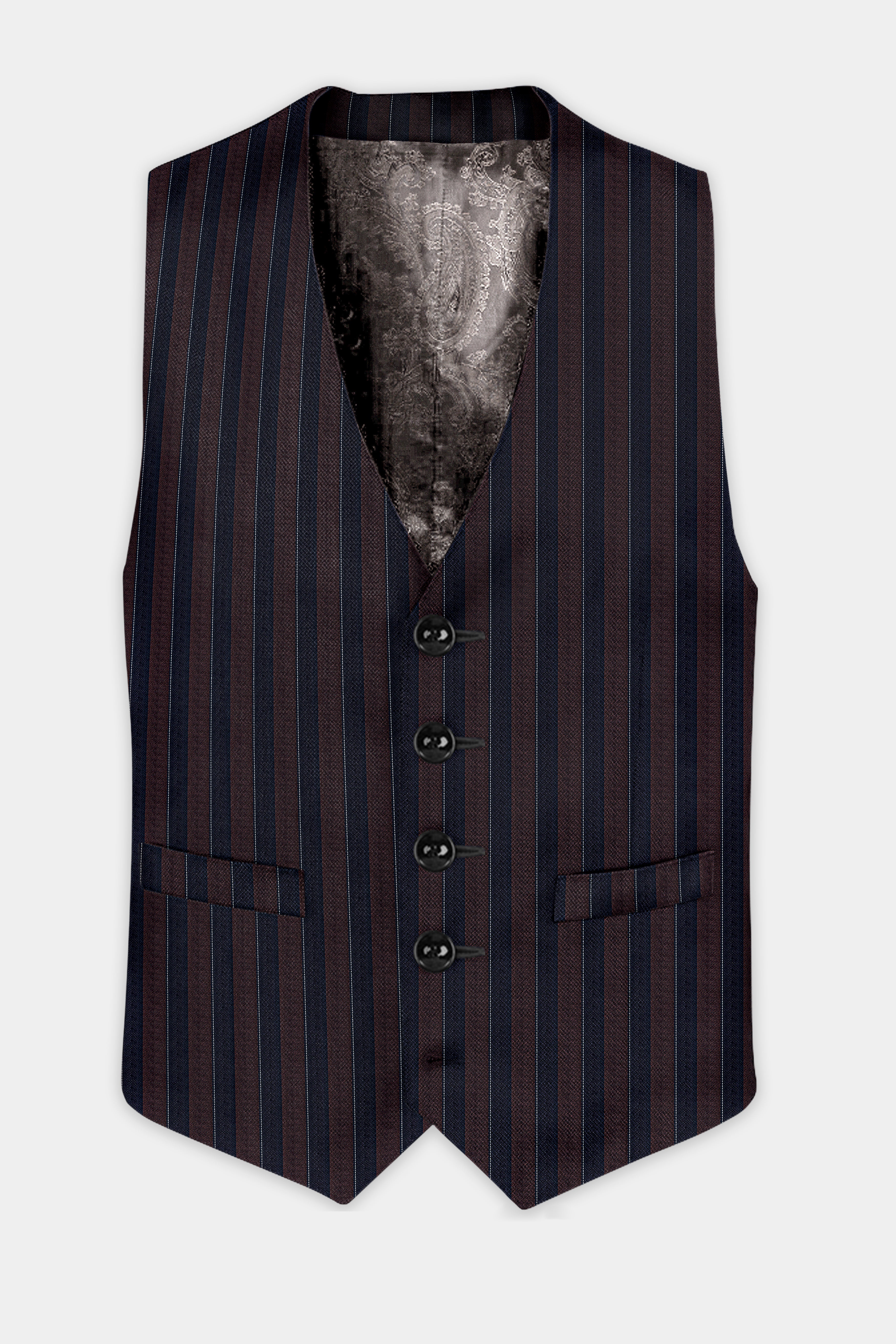 Bistre Brown and Admiral Blue Striped Wool Rich Waistcoat