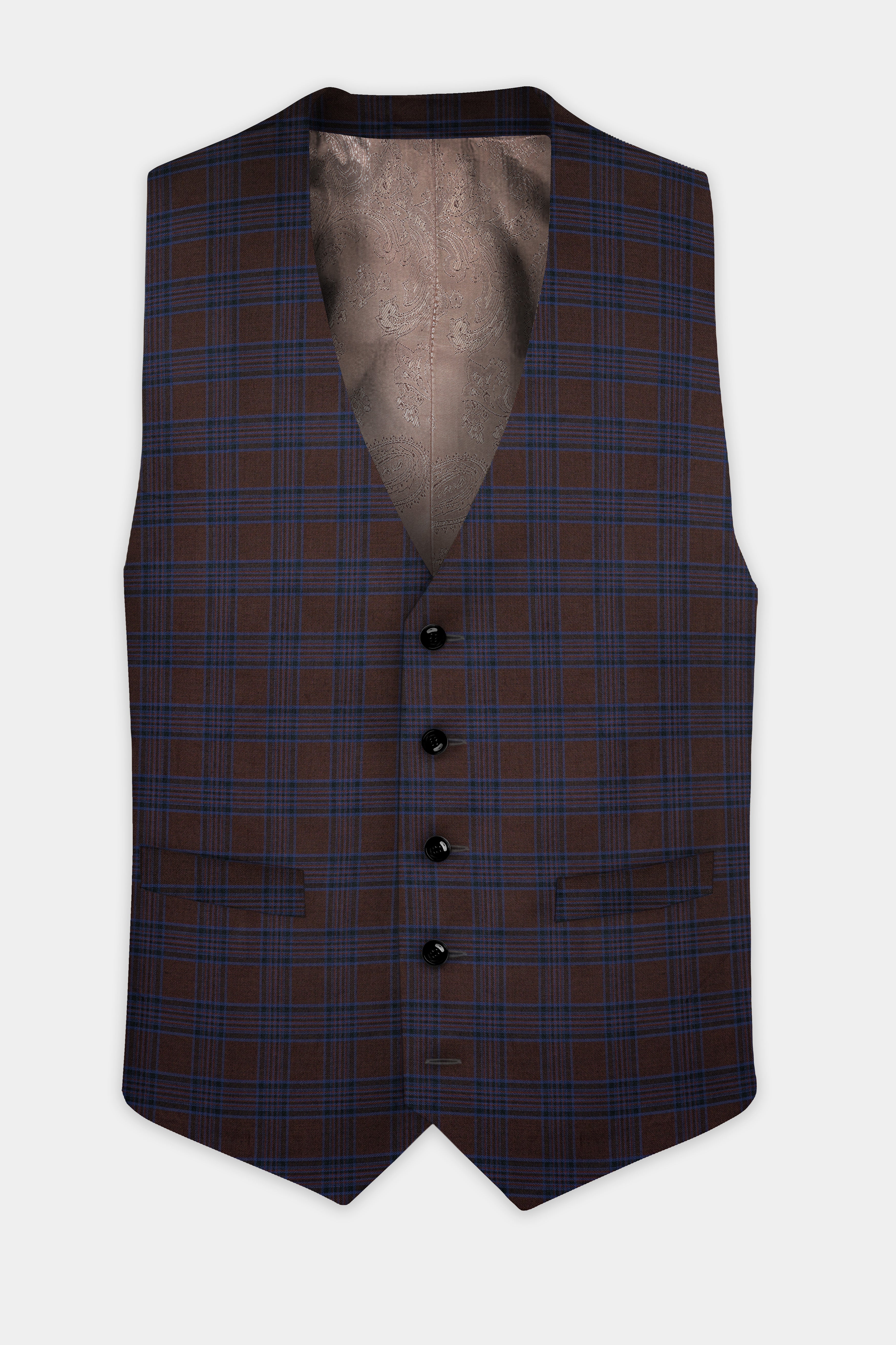 Bistre Brown with Nile Blue Plaid Wool Blend Waistcoat