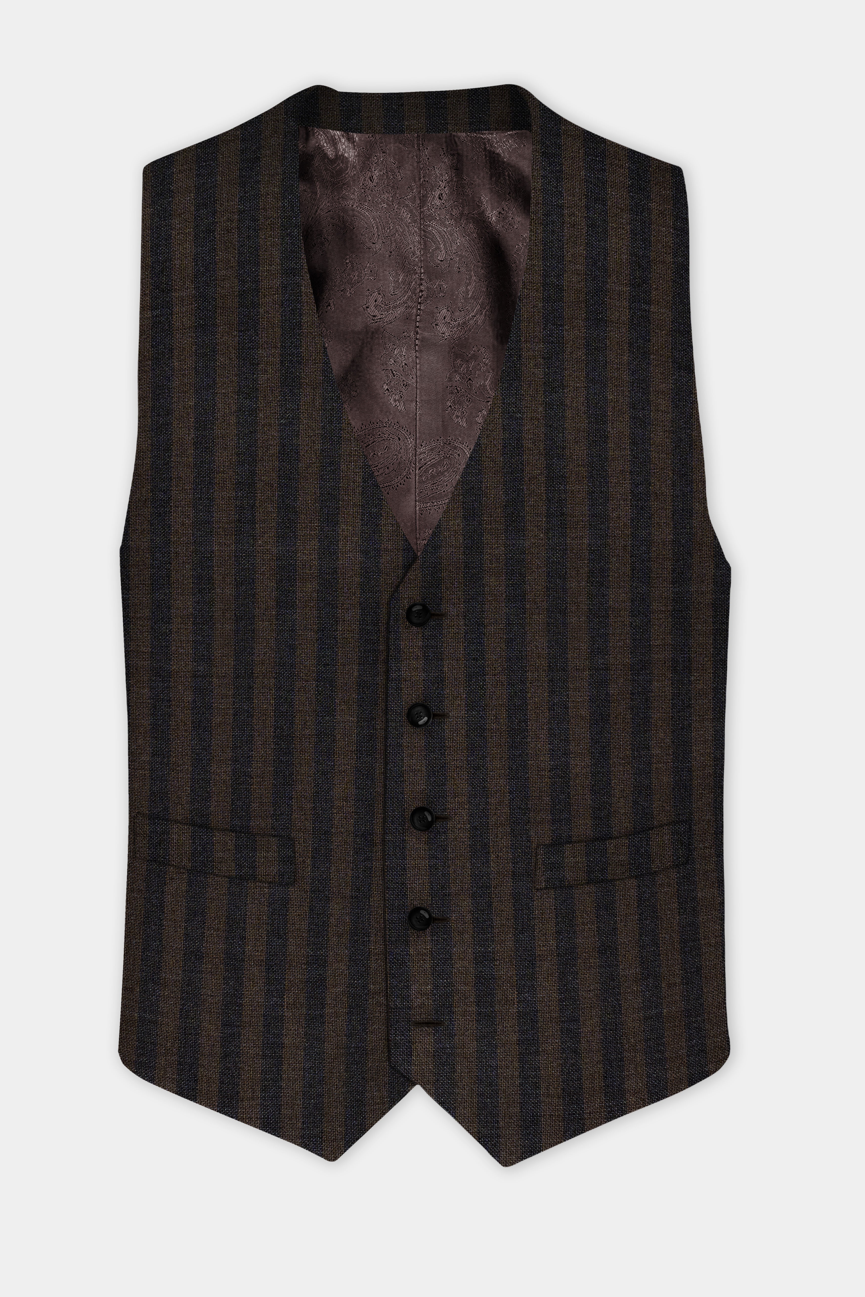 Taupe Brown With Jade Black Striped Wool Blend Waistcoat