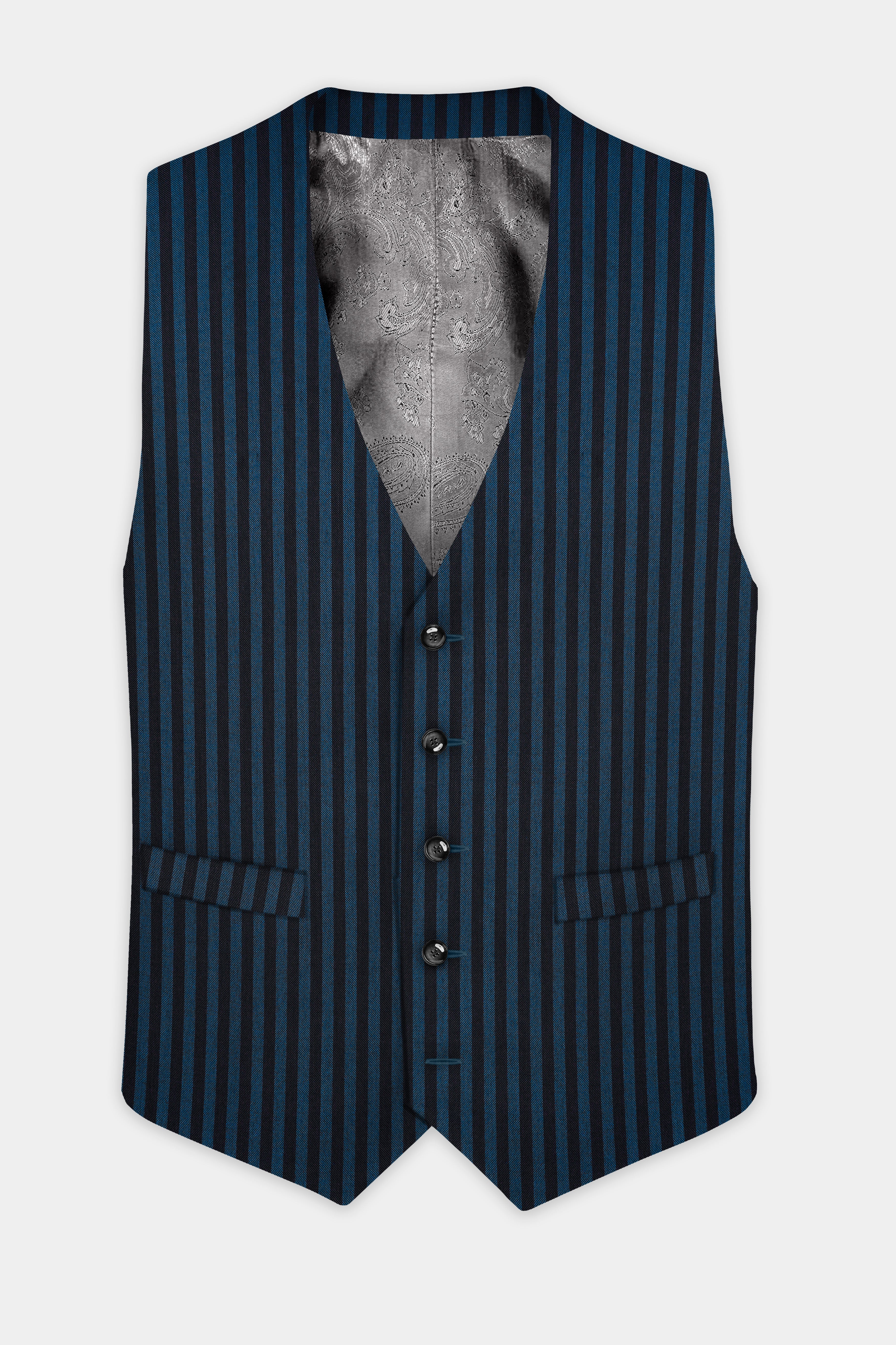 Tiber Blue And Jade Black Striped Wool Blend Waistcoat