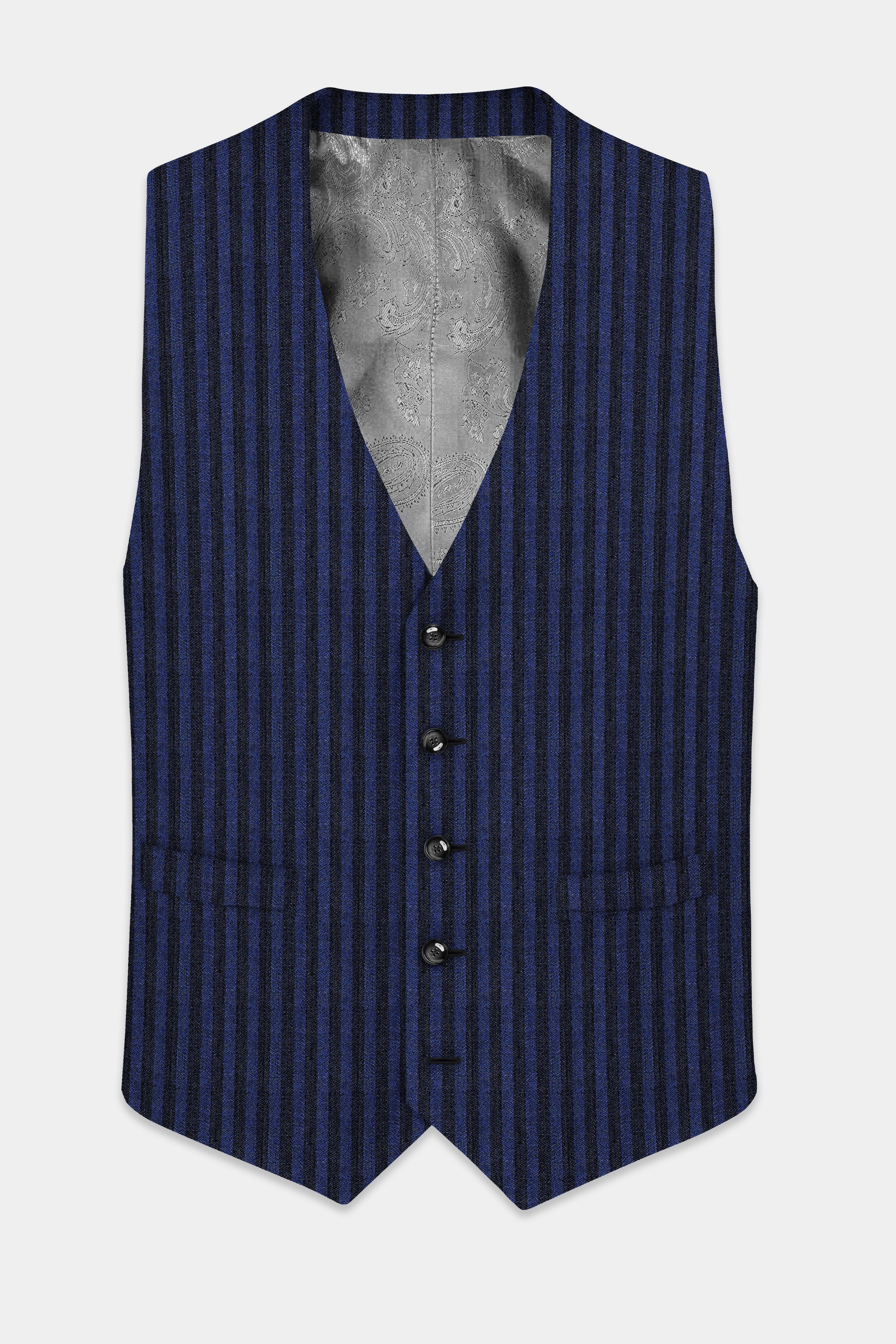 Biscay Blue And Jade Black Striped Wool Rich Waistcoat