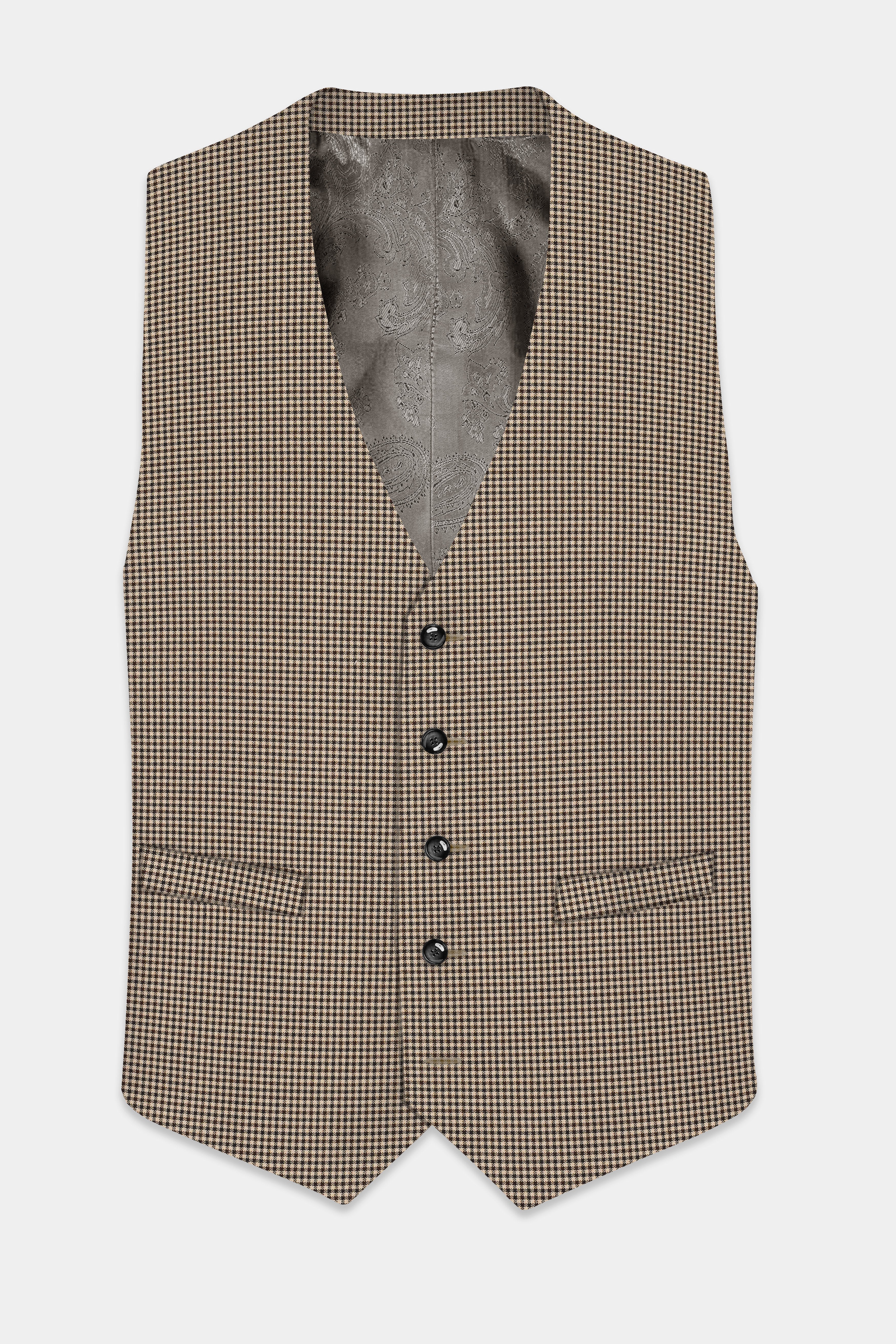 Mocha-Bison Cream And Swirl Brown Gingham Checked Wool Rich Waistcoat